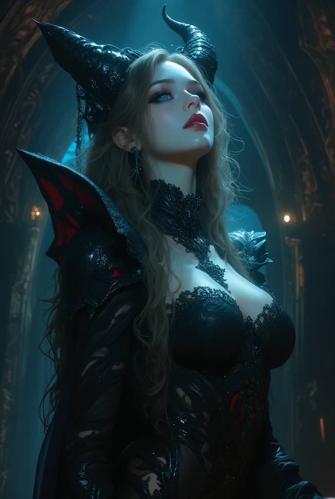 RAW Photos,black light, hair blonde, blonder woman, dark surroundings, Dark masterpiece, mulher fair brown-skinned, SITTING ON A THRONE, throne with thorns, black roses, woman in black dress, posing photo, long hair, hair blonde, black witchcraft, red geometric shiny background, full body size, Eastern fantasy theme, Eyes red, underworld, cold stare, Dark clothes, long and tight, fair brown-skinned, color classification, dark illustration, extreme quality, Radiant, extremely detaild, Face ultra detailed, ultra hd 8k, ultradigitality, mythical, black lightning, Conceital Art Portrait of Greg Rutkowski, artgerm, hyperdetailed, intricately detailed Gothic art, dark gothic fantasy style, triadic colors, Fantastic, intricate-detail, opening screen, colors complementary, fantasy concept art, 8K resolution, masterpiece of gothic deviantart, Heavy strokes, soft lighting, Surrealism