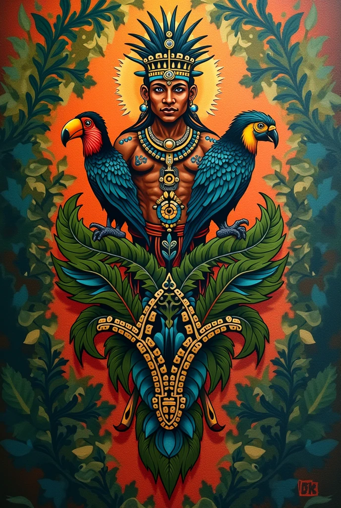 Mural of indigenous medicinal plants and bird diversity in Colombia with an indigenous person, a little smaller the person