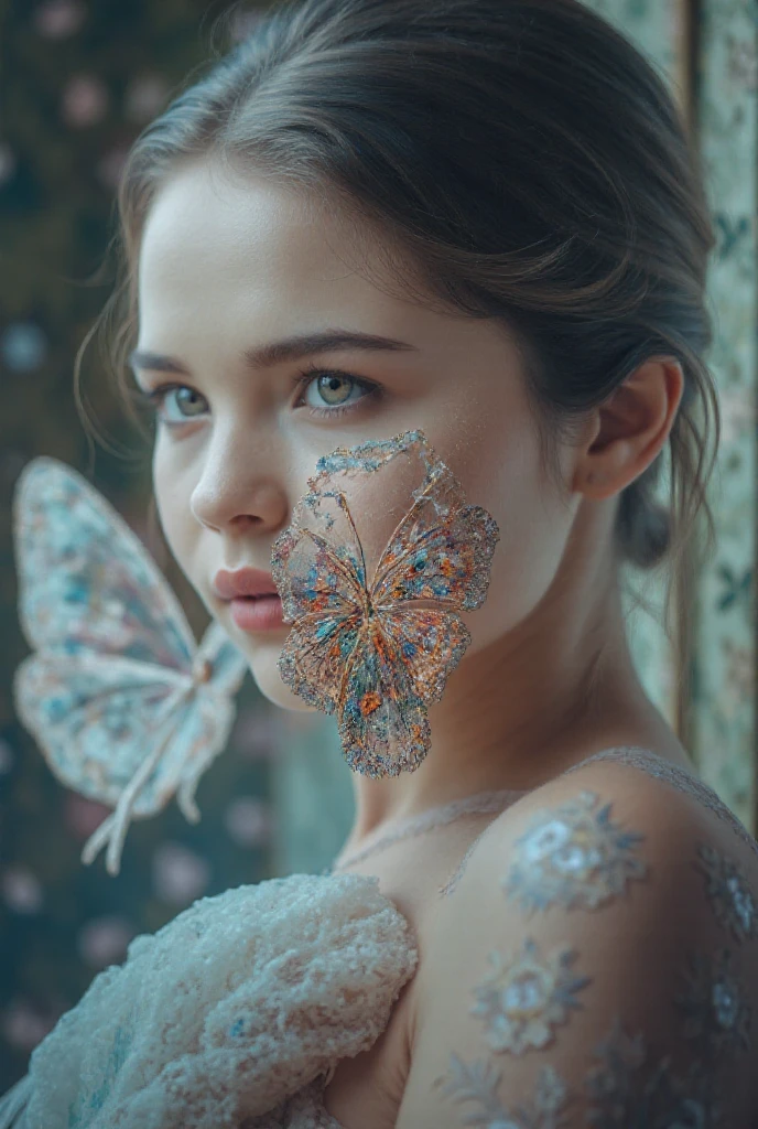 (RAW photo, best quality),(realistic, photo-realistic:1.3),(extremely delicate and beautiful:1.1)1girl,feature article or story,Amazing,finely detail,masterpiece,ultra-detailed,highres,best illustration,best shadow,intricate,(extremely intricate:1.2),(exquisitely detailed skin),cinematic light,perfect anatomy,(coolcolor:1.4),sharp focus,volumetric fog,8k UHD,DSLR,high quality,( film grain:1.4),Fujifilm XT3,blue butterfly,
