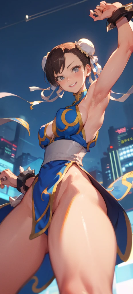 Street fighter chun li smiling, showing armpits and pussy half naked.(((half naked))) city background, full body, white boots.