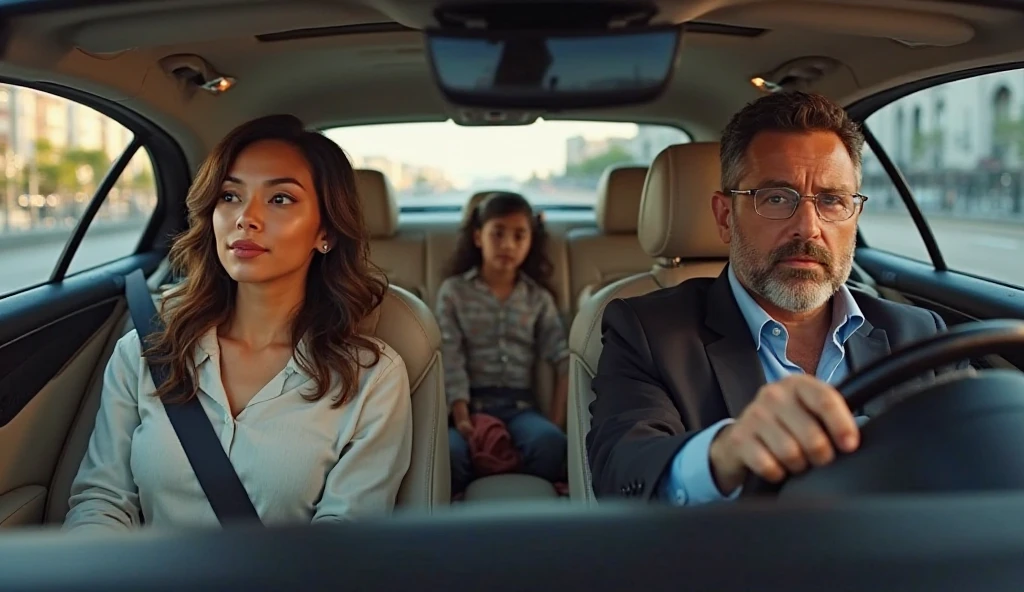 Criar uma imagem estilo capa de filme da Pixar, With a family in a car, sendo o motorista um homem de 35 anos, cabelos pretos curtos penteados para o lado, barba, Round Eyewear, ao lado uma mulher de 35 anos, loira, cabelos longos, In the back seat of the car a 7-year-old girl, cabelos cacheados, loiros
