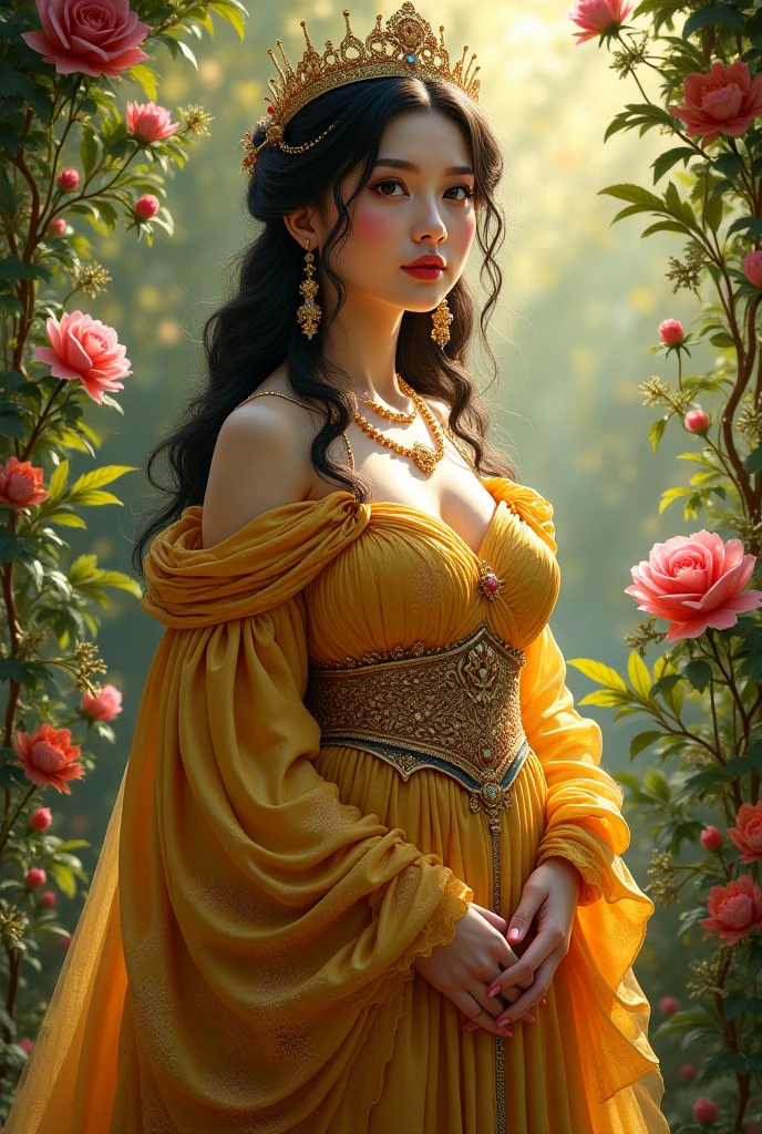 "A hyper-realistic depiction of the Apsaras, the celestial nymphs of Hindu and Buddhist mythology, exuding irresistible seduction and ethereal beauty. They are portrayed as stunning, graceful and very sexy figures, with lithe and delicate bodies that seem to float effortlessly in the air, big breasts and butt. Their skin glows with a soft, golden hue, almost translucent, highlighting their divine origin. Each Apsara has large, almond-shaped eyes that sparkle with mischief and allure, their gaze both inviting and mysterious. Their lips are full and slightly parted, as if about to whisper a secret, adding to their seductive charm.
Their long, flowing hair, black as the night and lustrous, cascades down their backs in waves, adorned with intricate floral garlands that shimmer with gold and jewels. They are dressed in elegant, flowing silks that cling to their forms, accentuating their curves while leaving just enough to the imagination. The fabrics are richly colored, in deep reds, golds, and purples, embroidered with delicate patterns that catch the light as they move.
The Apsaras are surrounded by an otherworldly glow, their movements fluid and hypnotic, as they dance gracefully through the air. Around them, the scene is set in a lush, heavenly garden, filled with exotic flowers and flowing streams, enhancing the dreamlike quality of their presence. Every detail of their appearance and environment emphasizes their divine beauty and the seductive allure that has captivated gods and mortals alike."
