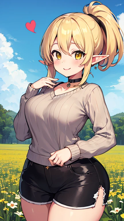 masterpiece, best quality, highres, ((Slim thicc waifu:1.3)), large breasts, elf, yellow eyes, blonde hair in short high ponytail, (black choker), (White sweater), jewelry, (ripped skinny jeans), long sleeves, cowboy shot, standing, field, smile, hands on face, hearts