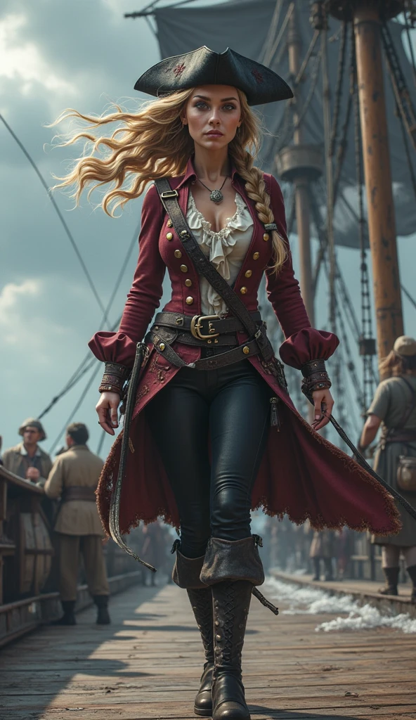 (medium full shot) of (chivalrous musketeer) young woman, curvy build, extra long hazel hair, american, tan skin, light brown eyes, wearing a feathered hat, red musketeer's gambeson, buckle shoes, leather satchel, wielding a rapier, set in a dense forest, with towering trees, thick underbrush, hidden paths, dappled sunlight, and mysterious ambiance, woman smiling, detailed face, ,Masterpiece,best quality, raw photo, realistic, very aesthetic