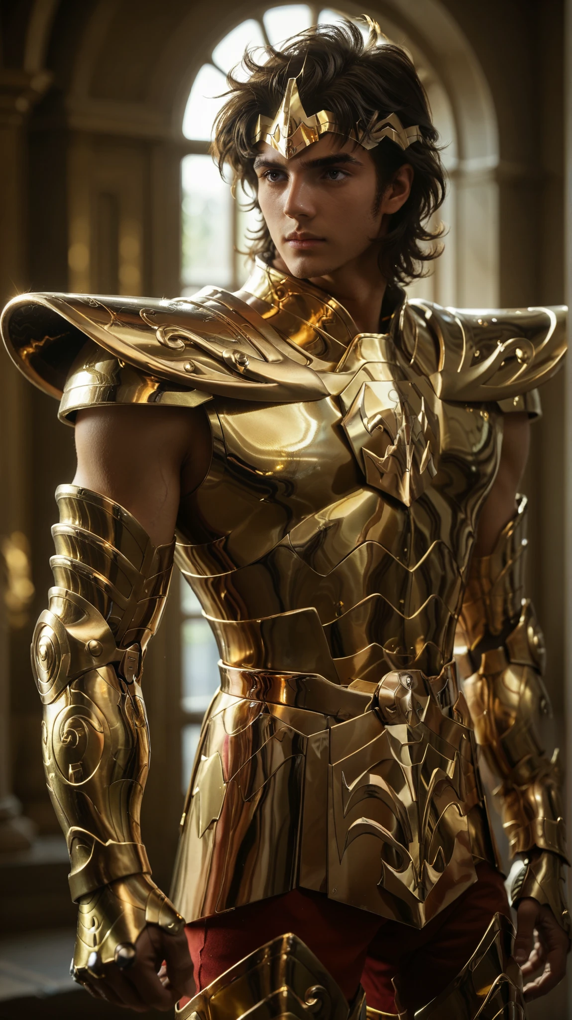 (photorealism:1.2), a man with a beautiful decourated Golden armor, ultra realistic, uhd, masterpiece, Brown hairs, Blue jewels