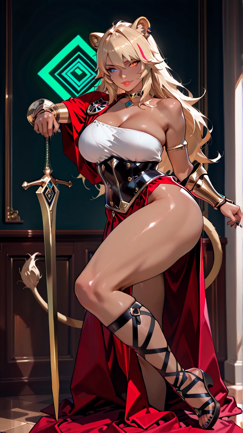(masterpiece, best quality), intricate details, 1girl, Bridesmaid Muscular full body woman White hair White braid Motherly body smile Porcelain skin Red heels with feet together Long hair Hands on waist Navel Strong abs Direct look Perfect lighting Masterpiece High quality