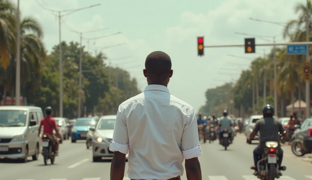 imagine a hyper-realistic 2k rear view image of an african man wearing a white long sleeved shirt and white trouser. walking quickly in a bustling small street in an african city. All are africans