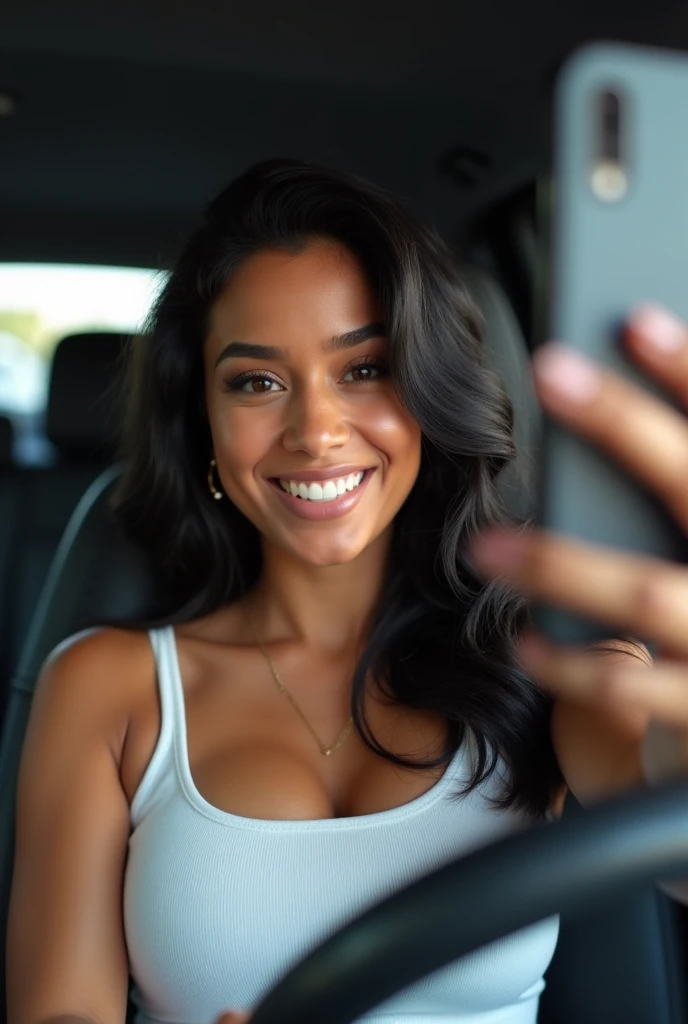 selfie photo of a jezebel woman in a car, highway in the background, uploaded to Instagram