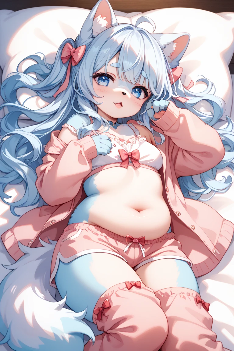 masterpiece, best quality, chibbi girl, full body, small breasts, pink hair, crop top, denim shorts, striped thighhighs