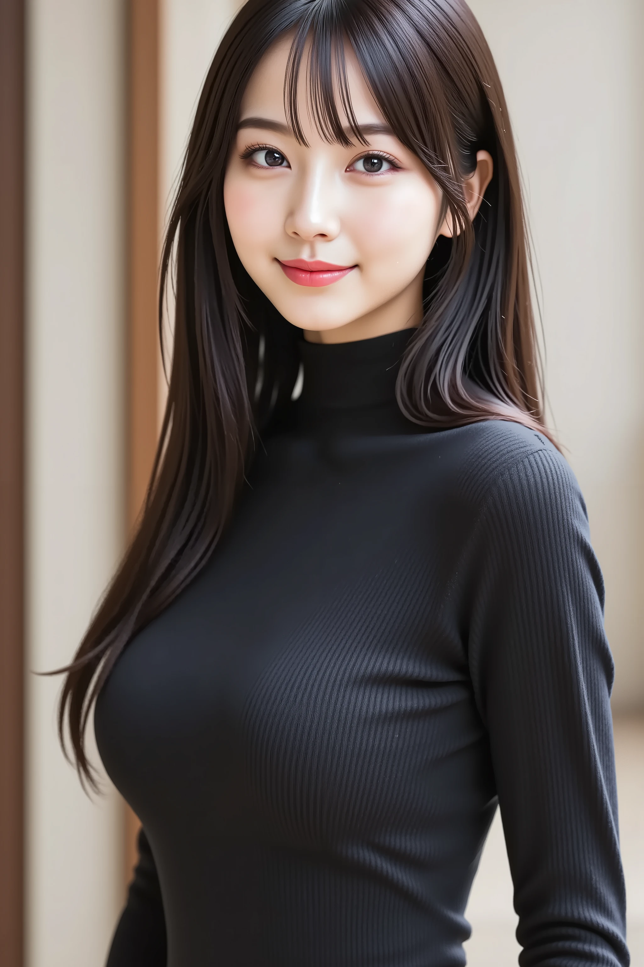 A highly detailed, ultra-realistic digital illustration of a beautiful young Asian woman, with her full body clearly visible and entirely included in the frame. She is gently smiling with softly blushed cheeks, clear luminous skin, and glossy pink lips. Her large, expressive eyes are captivating, enhanced by natural, elegant makeup. Her long, smooth black hair is styled neatly with soft bangs. She wears a solid black high-neck, long-sleeve, ribbed slim-fit T-shirt paired with matching slim-fit pants, emphasizing her elegant neckline and slender figure. The minimalist and neutral-colored background highlights her natural beauty. The image quality is pristine, sharply detailed, and ideally suited as an 8K wallpaper.Big Breasts