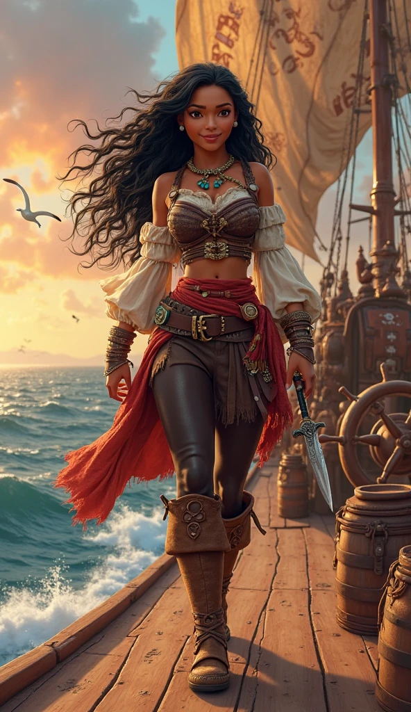 modelshoot style, (extremely detailed CG 8k wallpaper), full body photo of the most beautiful artwork in the world, incredibly beautiful photo of ((a 20-year-old Indian woman pirate)), professional majestic oil painting by Ed Blinkey, Atey Ghailan, Studio Ghibli, by Jeremy Mann, Greg Manchess, Antonio Moro, trend at ArtStation, trend at CGSociety, Intricate, High Detail, Sharp Focus, Dramatic and Photorealistic Art by Midjourney and Greg Rutkowski