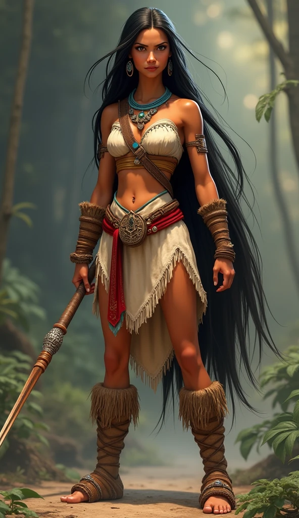 Zendaya, an Amazon, black-haired, tanned slender beautiful prehistoric woman, with large breasts, half-naked dressed in a prehistoric narrow top and loincloth of 10000000 years ago. She stands, armed with a wooden spear; outside in front of the cave in which she lives. The cave is sealed with hides.