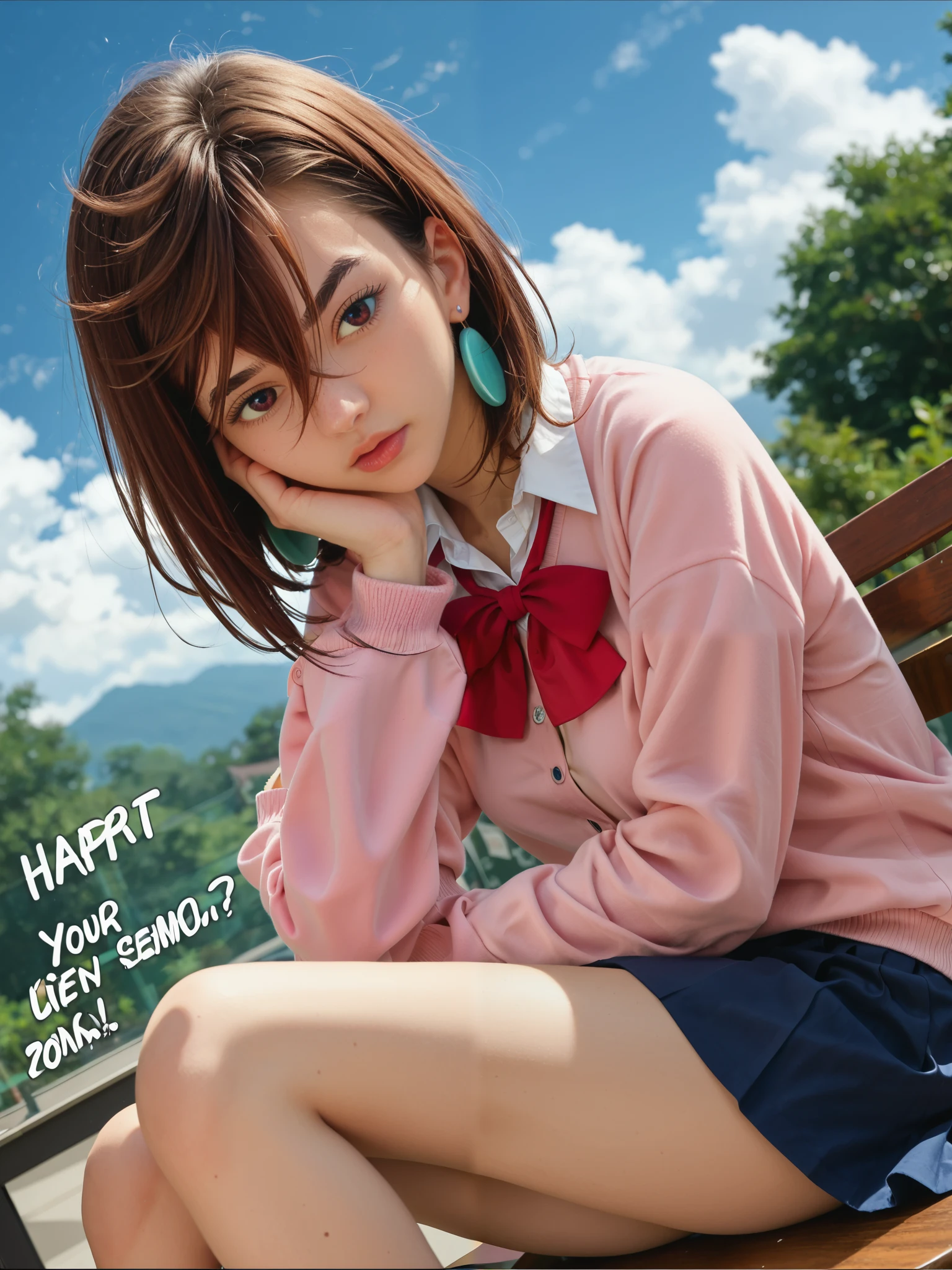 score_9, score_8_up, score_7_up, anime screencap, source _animé, 1 girl, single,
KJOmomo, brown hair, Dark eyes, medium hair, hair between eyes, thick eyebrows, earrings, 
white collared shirt, oversized pink sweater, long sleeves, red bow, short blue skirt, shirt unbuttoned, 
arm to the side, serious, from side, Looking at the viewer, open mouth, dark blue skirt
classroom, Daytime,
(beautiful, :1.2),