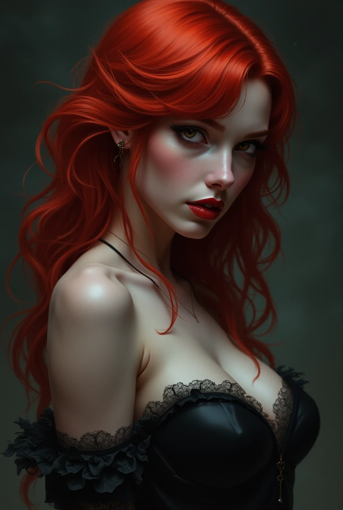 highy detailed, erotic seductress Lana Del Rey with lacy cat ears, cryin, (busty, Red hair), face centered, focused face, intricate eyes, to eat
