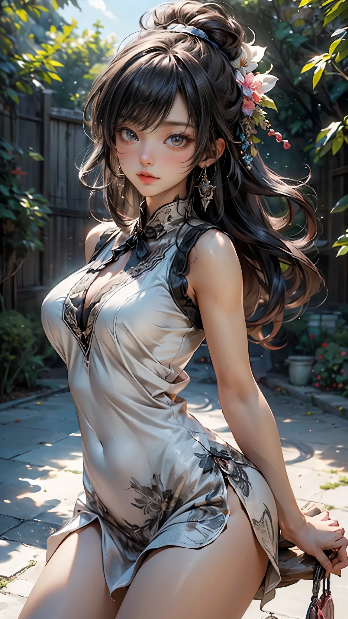 (Best Quality), ((Masterpiece), (Detail: 1.4), 3D, A Beautiful Cyberpunk Woman, HDR (High Dynamic Range), Ray Tracing, NVIDIA RTX, Super-Resolution, Unreal 5, Subsurface Scattering, PBR Textures, Post-Processing, Anisotropic Filtering, Depth of Field, Maximum Sharpness and Clarity, Multi-layer Textures, Albedo and Highlight Maps, Surface Shading, Accurate simulation of light-material interactions, perfect proportions, Octane Render, two-color light, large aperture, low ISO, white balance, rule of thirds, 8K RAW, high slit clothes, split cheongsam, bare shoulders, large boobs, lace trim, pink tender (evening: 1.7), Japan, Tokyo, city view, window, standing under gaze, black clothing, yellow collar shirt, black and red tights, skin_tight, black legs, black pantyhose, Side_boob, Brunette hair, long hair, bangs, yellow eyes, makeup, lipstick, 1 girl, 20 years old, mature female, beautiful fingers, beautiful long legs, beautiful body, beautiful nose, beautiful character design, perfect eyes, perfect face, looking at the audience, NSFW, official art, extremely detailed CG unity 8k wallpaper, perfect lighting, colorful, Bright_Front_face_Lighting, (Masterpiece: 1.0), (best_ quality:1.0), ultra high resolution, 4K, ultra detail, photography, 8K, HDR, high resolution, absurd:1.2, kodak portera 400, film grain, background blur, bokeh:1.2, lens flare, (vibrant_color:1.2) (beautiful, large_Breasts:1.4), (beautiful_face:1.5), (narrow_waist), transparent, lace trim, Lace seduction, bare legs, miniskirt, long legs, thighs, big breasts, huge breasts, split skirt, pink lace trim, buttocks, big breasts, big breasts, big breasts, high split cheongsam, coquettish type, seductive, coquettish, coquettish, big breasts, big breasts, big breasts, chest leakage, bursting breasts, big breasts, seduction, tall figure, white skin and beauty, white hair, fat buttocks, fat buttocks, big buttocks, naked, nothing worn, especially short clothes, bare waist, thong , riotous look, loose long hair, spr