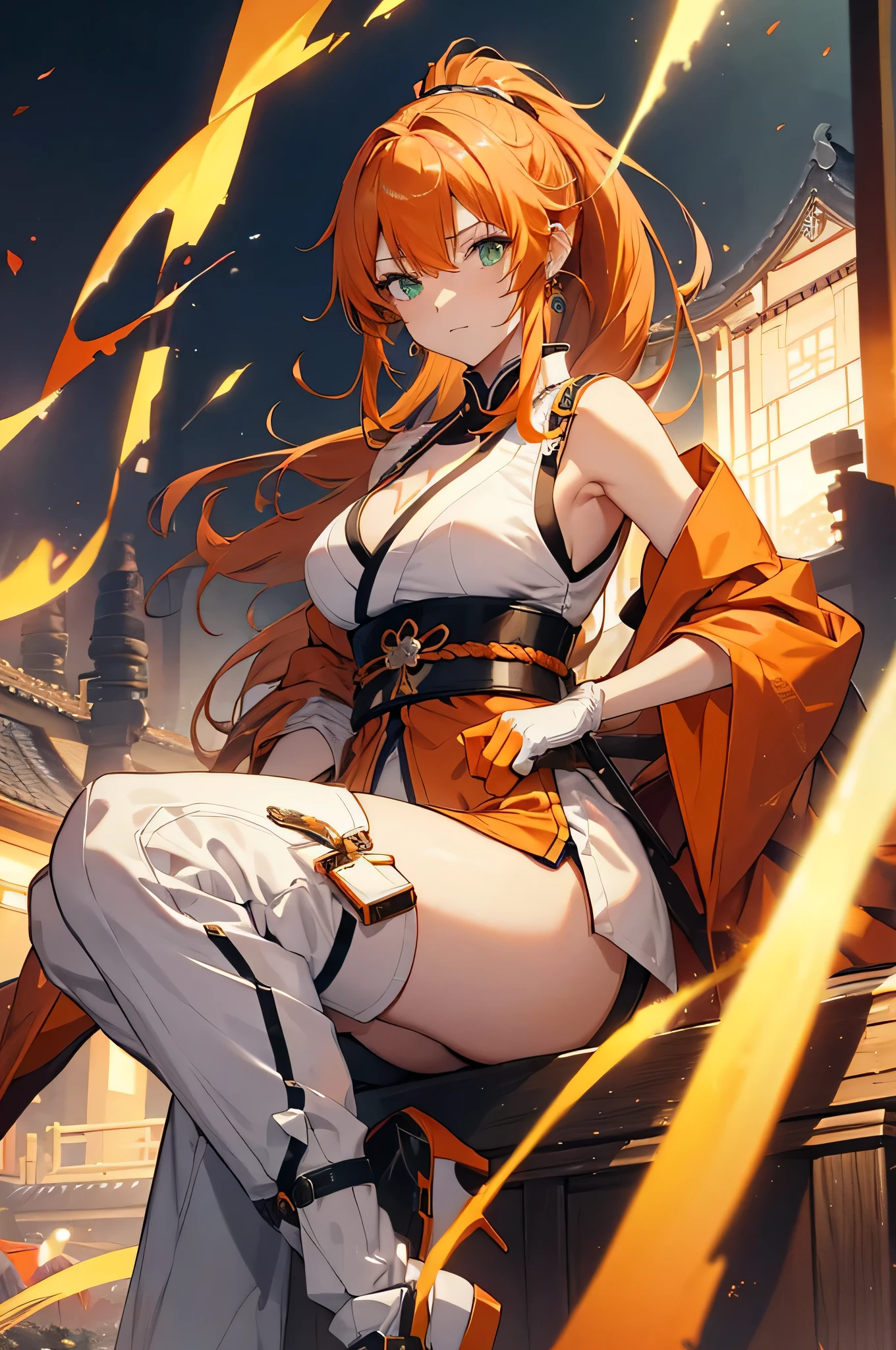 ((masterpiece))), best quality, sci-fi color scheme,(beauty face),kemomimi,NSFW,1 girl, japanese deity, (orange hair), yellow eyes, pale white skin,(huge boobs),beautiful hip line,mysterious smile, full body,nasty smile,black manicure,shrine maiden outfit, beauty leg,sitting,
