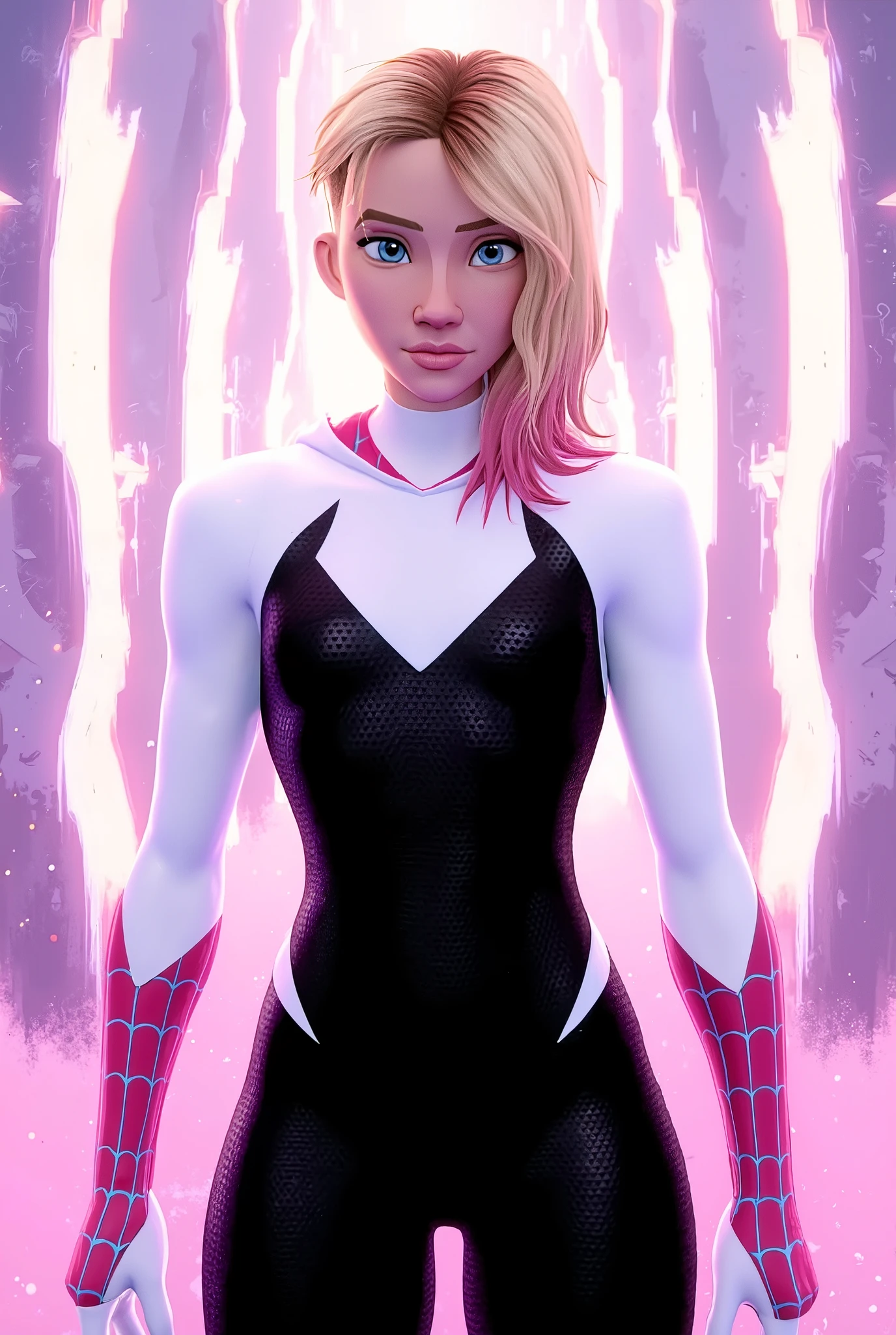 Spider-Gwen, stop, front view, hip dips, wide hips, small waist