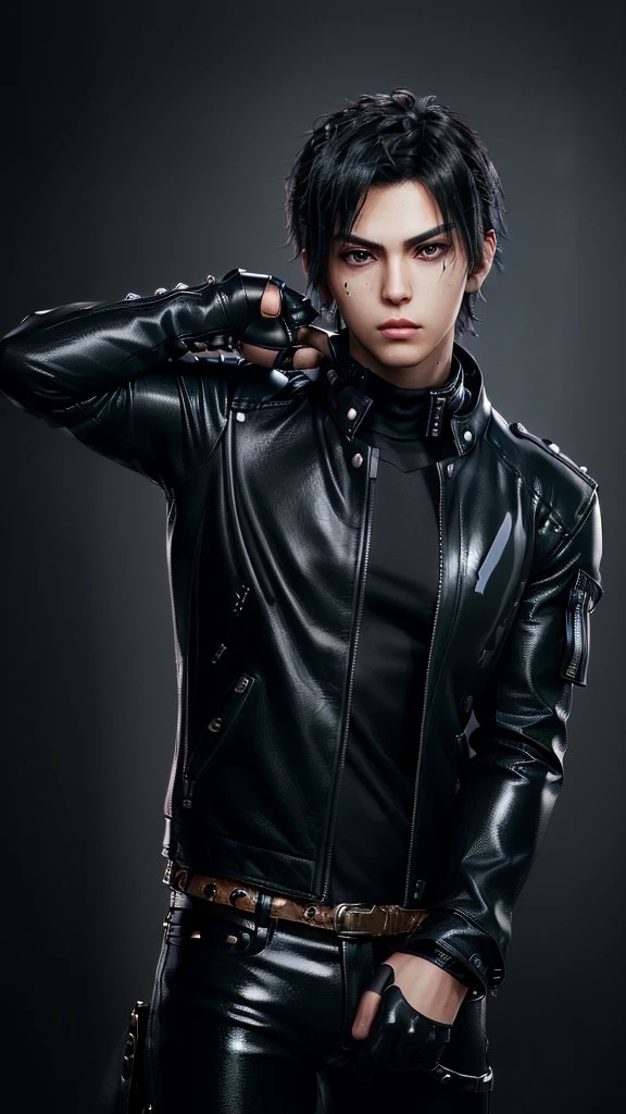 A roblox style character black hair white skin Cyborg eyes black shirt black pants with lightning on the edge and be in a YouTube profile picture space 