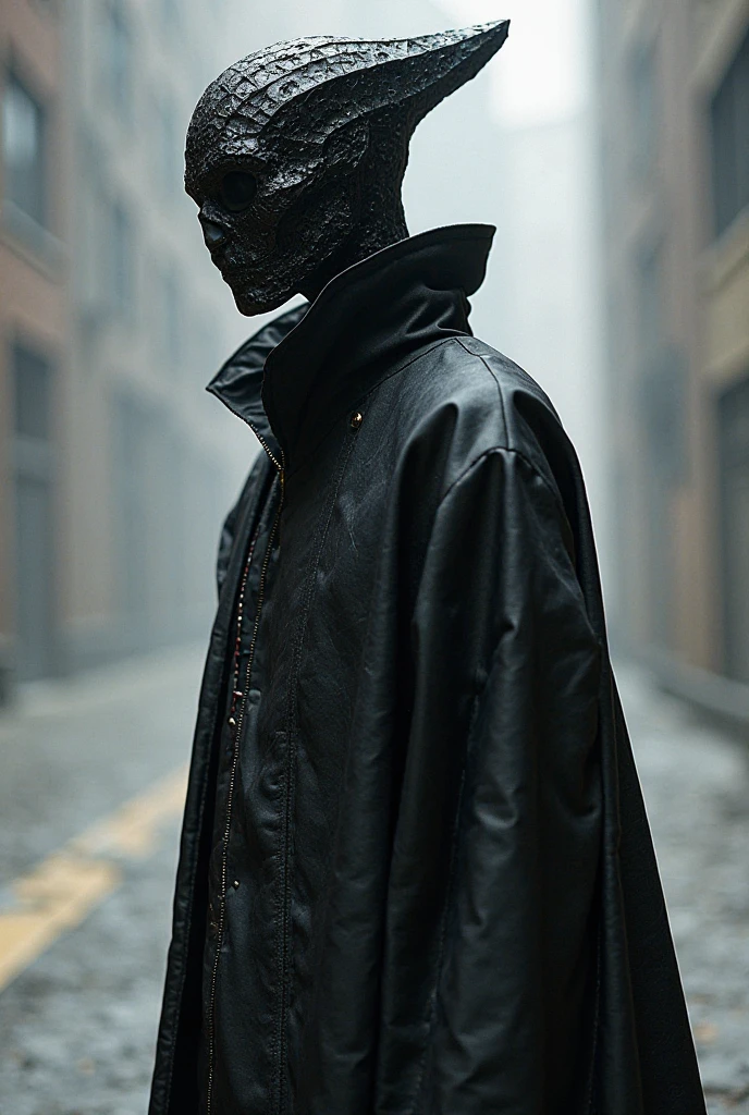 A man with mulatto skin, wearing a black surgical mask and a gothic jacket with chains, inside your modern mansion