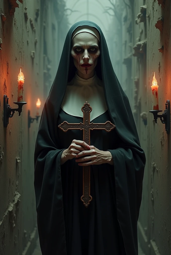 the NUN character from VALAK,holding tomatoes,dark vibes,scares,creepy,bloody,masterpiece.4k.darkness --auto --s2