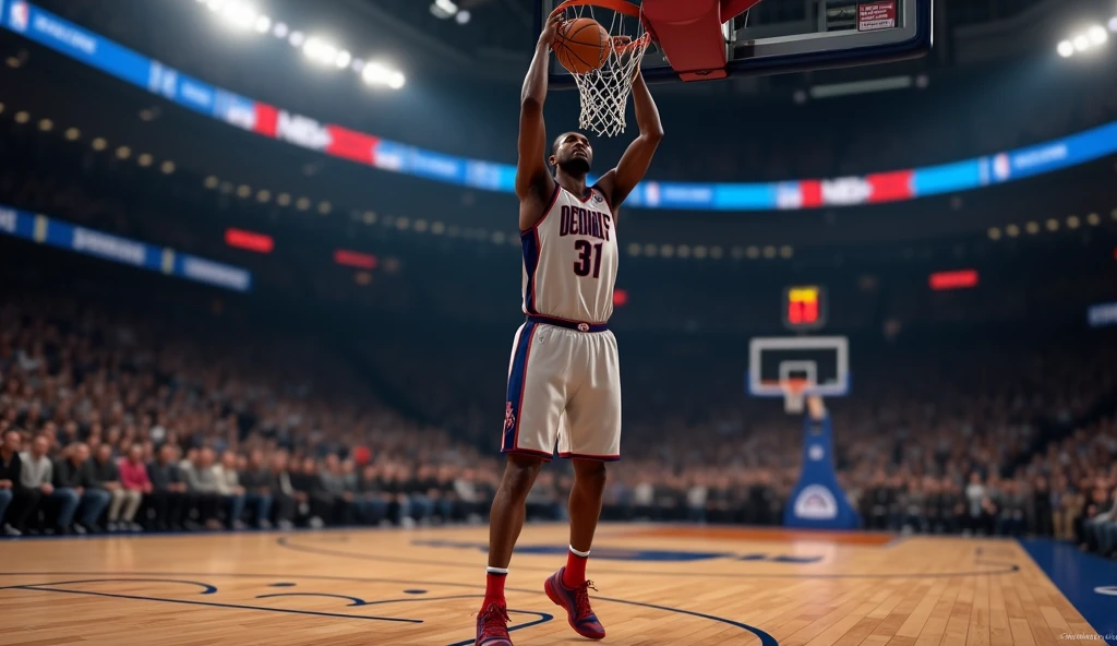 A basketball player making a basket