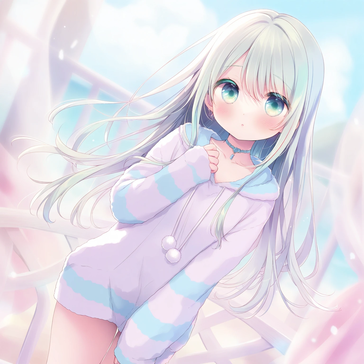(Realistic painting style:1.0), Masterpiece, Best quality, absurderes, comic strip, illustration, 1 girl, Long hair, Black hair, Cute girl, young and cute girl, Korean girls, {Breasts}, masterpiece, best quality, extremely detailed, (illustration, official art:1.1), 1 girl ,(((( light blue long hair)))), ,(((( light blue long hair)))),light blue hair, ,10 years old, long hair ((blush)) , cute face, big eyes, masterpiece, best quality,(((((a very delicate and beautiful girl))))),Amazing,beautiful detailed eyes,blunt bangs((((little delicate girl)))),tareme(true beautiful:1.2),pink collar,Bright sweaters,This is a cute 、(best quality, masterpiece, highres),1girl,solo,hair strand,summer purse,pullover_sweaters,rokinon 85mm,
chain-link fence,angle shot,,wearing a hood,blow bubble gum, pink bubble gum,