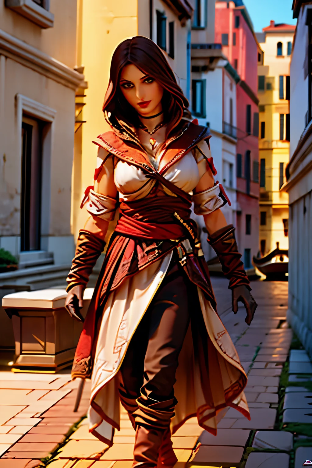 La mujer, poca ropa, botas hasta la rodilla, medias, black stockings, (((cloak, gloves,bracelet))), botas altas,renaissance, venice, dark,noche, night))), muy detallado, Realistic long-term photography, 4k, pelo largo, brown hair, By the chestnut, labios rojos, gargantilla, chocker, sexy,red lips, brown eyes, big breasts, pechos grandes, breasts, Lucia Auditore)))
