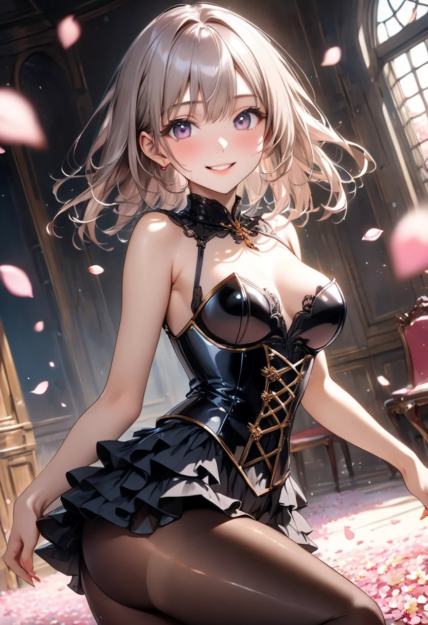 Highest quality、、(Bunny girl)、tights、High heels、Bunny Suit、Show Viewer、Angle from behind、W sitting、smile、Futuristic Living Room、indirect lighting、Room with houseplants、Illuminations of the city can be seen from the window、Night view、Silver short hair、Beautiful Eyes、Beautiful Face、Delicate eyes、Angle looking up from below、breast enhancement