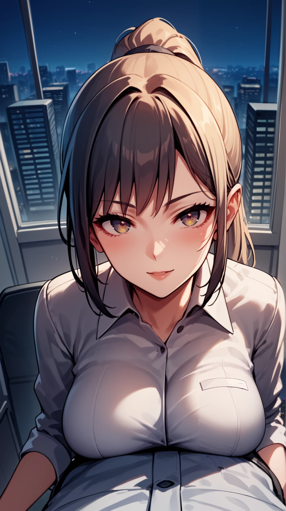 score_9, score_8_up, score_7_up, source_anime, 
1girl, standing, breast press, looking at viewer,  solo focus, office lady, ponytail , bangs
 1boy,  pov, hetero,
windows, night, cityscape,
 