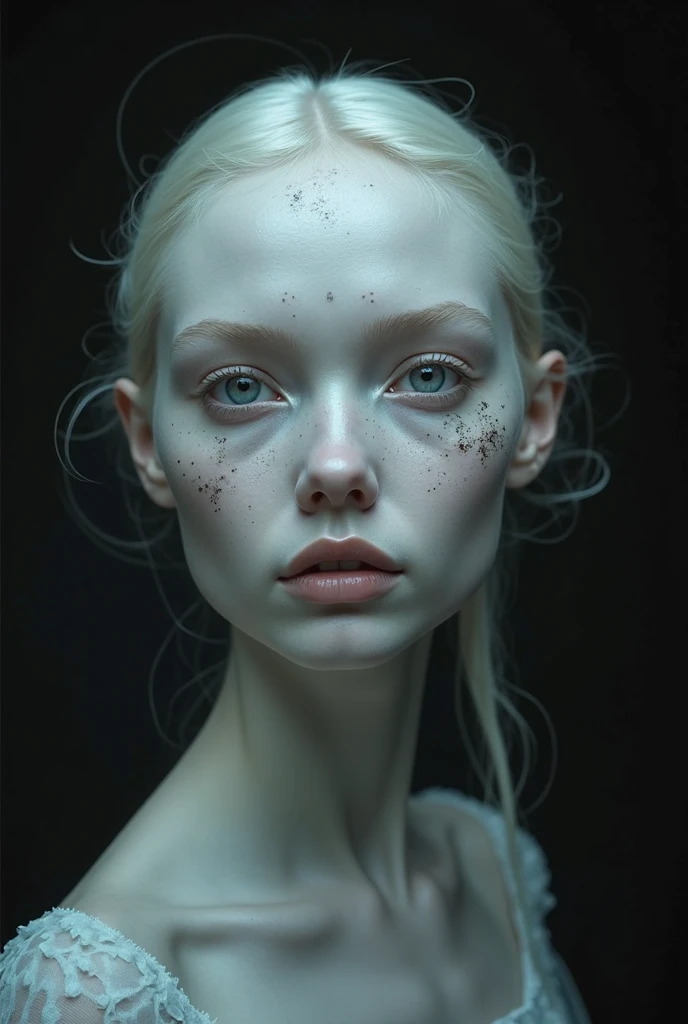 An exquisite portrait of 1 albino woman with deep and clear skin, a photograph captured in stunning 8k resolution and raw format to preserve the highest quality of details. The beauty of women is undeniable, her face commanding the frame in a close-up that reveals the intricate details of her eyes. She wears a dress that complements her radiant skin, and her eyes are portrayed with meticulous attention to detail, showing a captivating depth within. The photograph is taken with a lens that emphasizes the challenge of your gaze, and the backdrop is a dark studio environment that brings out the soft colors of the scene. Lighting and shadows are expertly crafted to highlight the richness of your skin tone and the subtle nuances of your features... Your blonde hair, with its distinct shadow, adds a touch of warmth and contrast against your skin. The interior ambiance adds a sense of intimidation, while the freckles on her albino skin tell their own story. The overall composition captures its essence with traditions and grace, creating a portrait that is a celebration of your heritage and beauty. Photography by challenge512, using the best shadow and lighting techniques, to create a mesmerizing portrait that transcends the visual.
