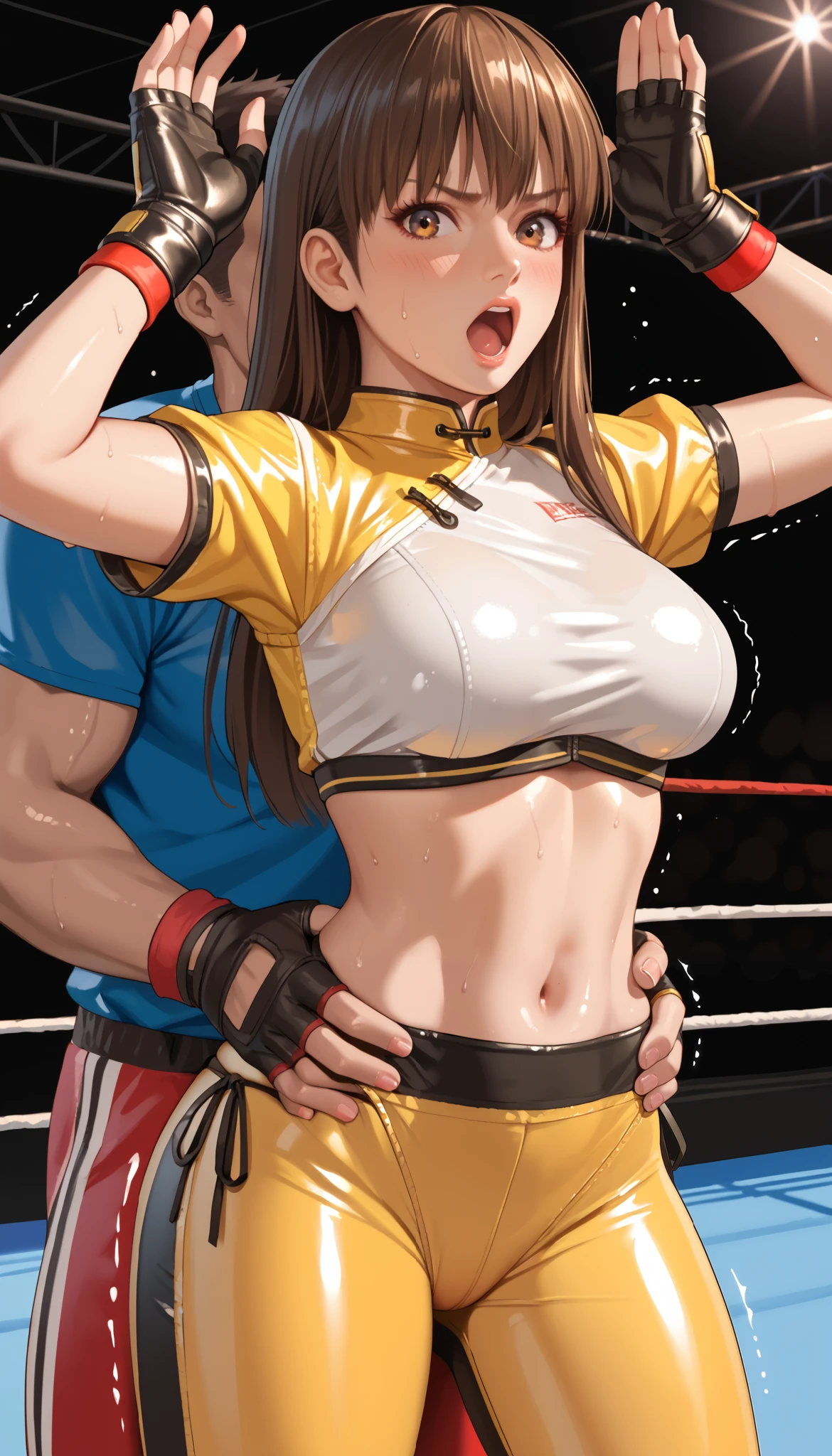 LeiFangDOA, brown hair, (long brown straight hair:1.5), shiny crop top, shiny yellow leggings, short sleeves, fingerless gloves, breasts, armpits, gasp, be breathless, sweat, sparkling sweat, trembling, brown eyes, breasts, looking at viewer, [[angry]], blush, {anguish}, {{shameful}}, wrestling ring, man grabbing her waist from behind, nsfw, exposed black thong:1.4, high-waist black side-tie panties under leggings:1.3, low-waist leggings on black side-tie panties:1.3,