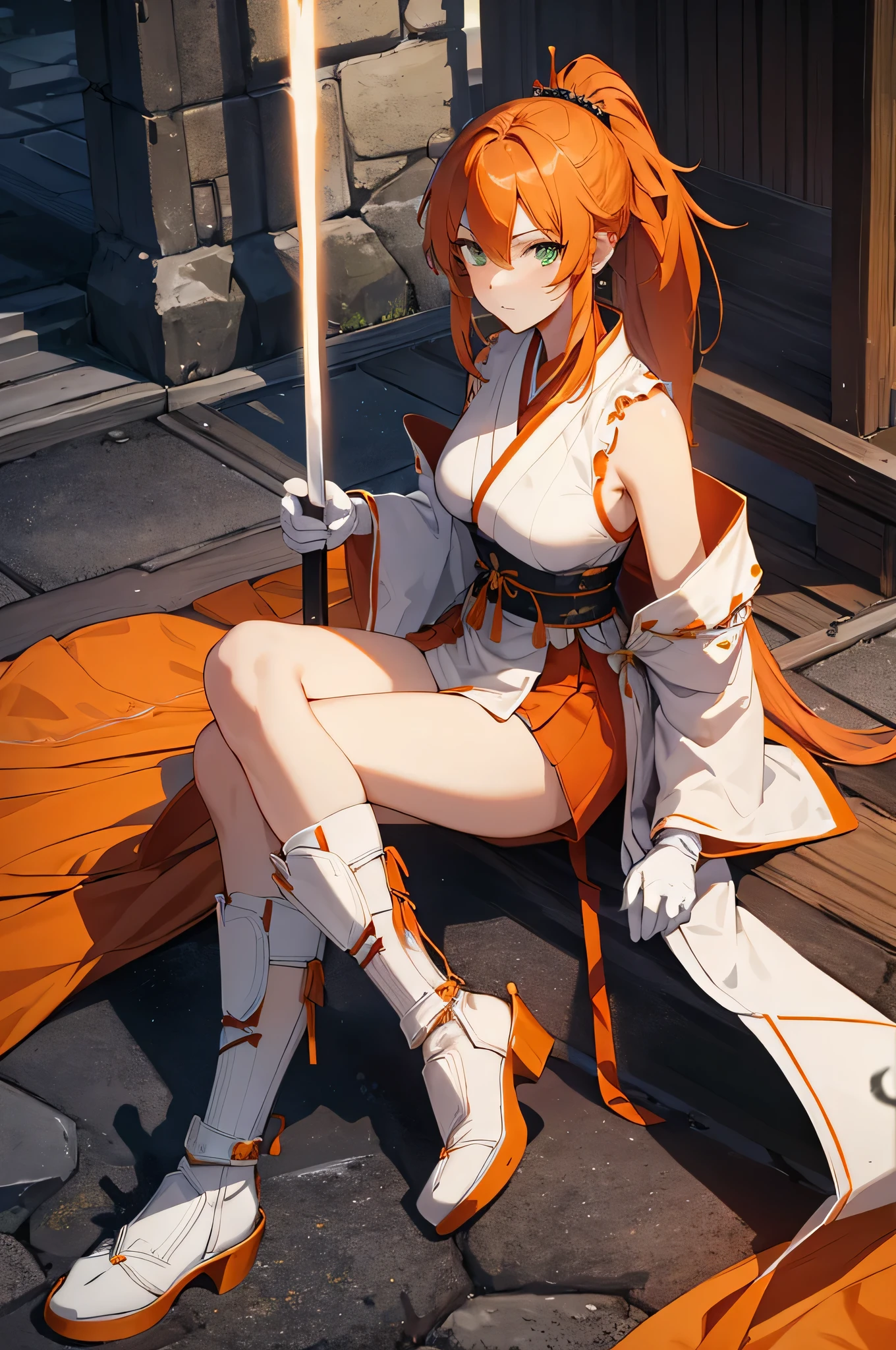 Asuna sword art online, anime style, (masterpiece:1.35),(bestquality:1.4), 8k,ultra-detailed, photography, (ultra-realistic:1.4), film grain, Fujifilm XT3, depth of field, female focus, mature female, cosplay, (Asian female:1.45), looking at viewer, blush, closed mouth, seductive smile, red lips, detached sleeves, (hand between the crotch)!!, earrings, pelvic curtain,  hair between eyes, orage hair bangs, orange hair, very long hair, detailed realistic hair, hair braid, japanese clothes, Asuna's clothes, detailed realistic clothes,(wear cloak)!! jewelry, detailed jewelry, neck garter, necklace, (covered shoulders)!!, (covered breast)!!, (breast is covered)!!, (covered chest)!!, (chest is covered)!!, open skirt, petticoat, fishnet legs, panthyhose, smooth thighs cleavage, (garter thighs), high_thighs, armpit, nontraditional Asuna, (shiny eyes pupils)!!, detailed eyes, (homochromatic eyes)!, cherry blossom, (sit down at road side)!!, green vilage, white filter, asuna yuuki \(sword art online\), (correct anatomically)!