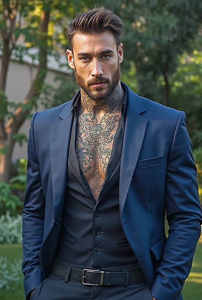 a muscular shirtless man with defined abs and pectorals, wearing black pants and an open purple jacket, standing on a staircase, looking at the viewer with his tongue out, short brown hair, facial hair, tattooed chest (best quality,4k,8k,highres,masterpiece:1.2),ultra-detailed,(realistic,photorealistic,photo-realistic:1.37),solo,male_focus,navel,bara,pants,muscular_male,facial_hair,short_hair,open_clothes,stairs,black_pants,tongue,looking_at_viewer,tongue_out,large_pectorals,brown_hair,coat,chest_hair,jacket,shirt, purple_jacket, chest_tattoo