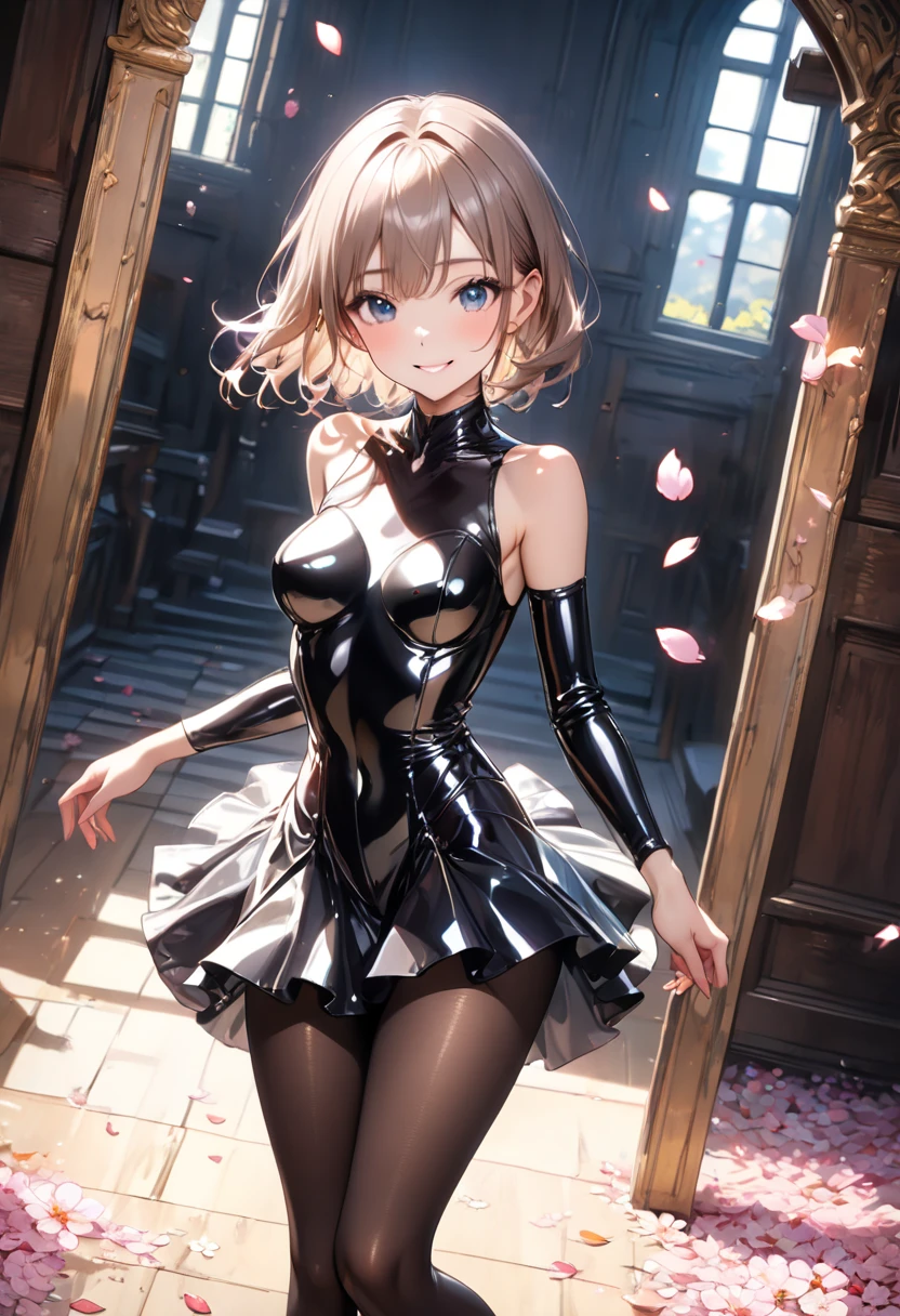 Anime, Sexy, ((The costume is made of metal:1.5)), ((In Kyoto Animation Style:1.5)), super precision, ​masterpiece, very extremely beautiful, Princess Face, ((1人の女性)), ((Solo:1.5)), ((Pink hair:1.5)), ((BobKat 1.5)), BREAK, ((Black eyes)), Short hair, ((Straight hair)), BREAK, ((The costume is silver:1.5)), BREAK, ((Taimanin suit:1.5)), ((Silver leotard)), (elbow groves), (Thigh boots), Professional Lighting, (25-years old), Narrow waist, Shiny skin, ((Oiled skin)), glistning skin, Looking at Viewer, Cowboy Shot, Dynamic Pose, ((is looking at the camera)), inside in room, Sexy, A slight smil, Slightly open mouth, ((Cute)), ((Silver costume:1.5)), Ultra-fine eyes, Ultra-fine face, ((a black skirt:1.5)), ((thin lips:1.5)), Sexy, ((drooping eyes)), ((medium breasts:1.5)), A slight smil, ((Silver costume:1.5)), Latex, Sexy, ((portlate:1.5)), faces, Hands behind your back, Positive image, Sexy, ((The skirt is black:1.5)), Looking at the camera, (From below), Sexy, is standing, Sexy,