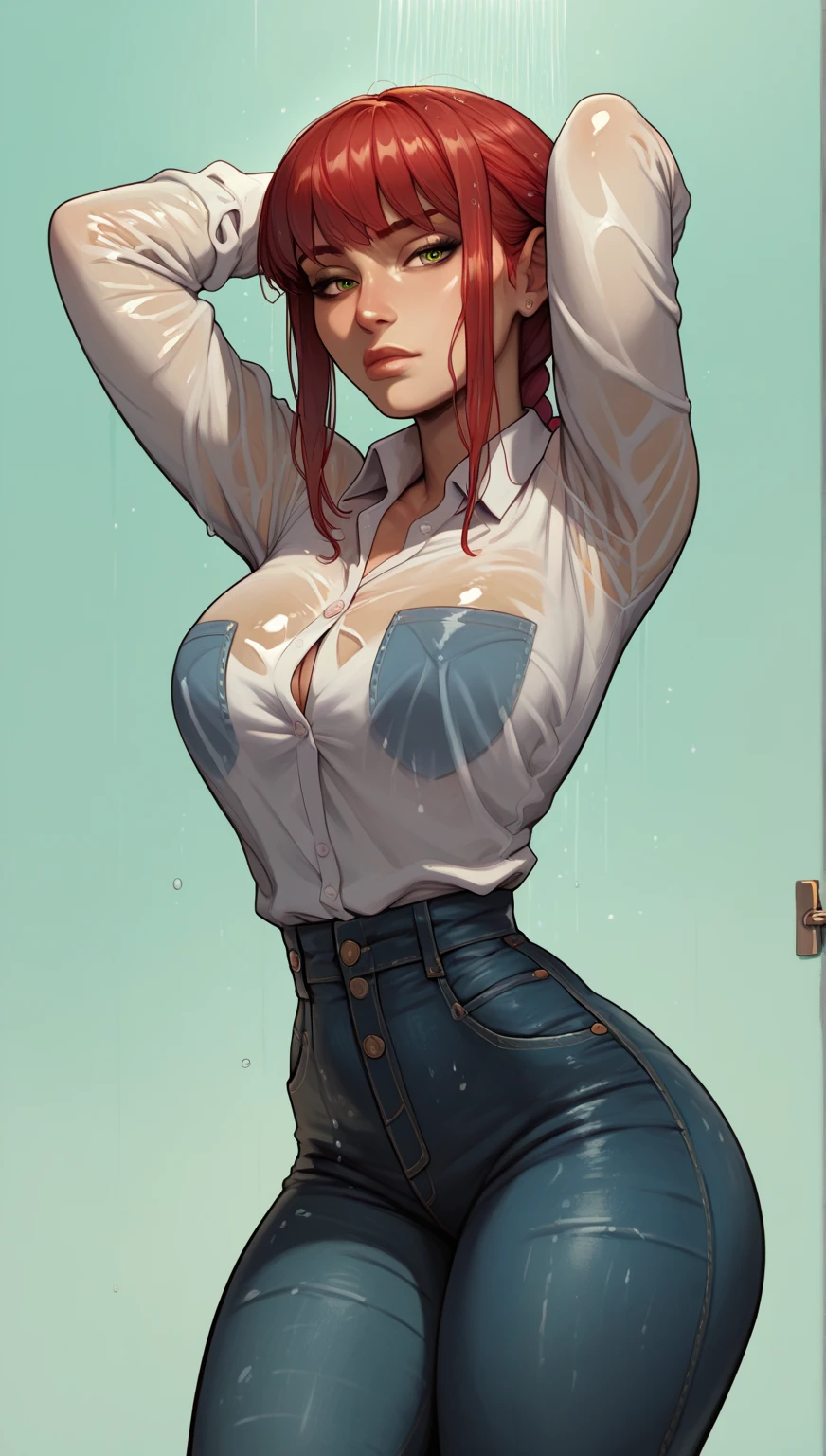 ((masterpiece, highest quality, Highest image quality, High resolution, photorealistic, Raw photo, 8K)), Ultra Wide Angle, Karin, white shirt, thighs, (small breast:1.3), standing, full body, leaning, streching body, model pose, sad, red hair, fingers bite, waist band, outside at japanese streer, sunset, nipple erect, (pink nipple), areola, wear shorts