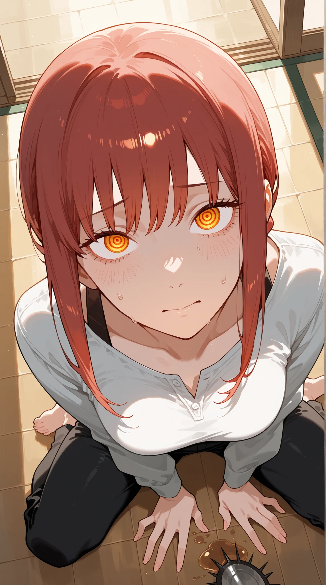 (Masterpiece:1.2, Best Quality), 1 woman, whole body, T-shirt, short black pants,angry pose, Casual, big breasts,wide , minimal makeup,pale,Natural fabrics, closeup face, evil smile, bright red eyes circular pupils,high UHD resolution, detailed lines, ((whole body))