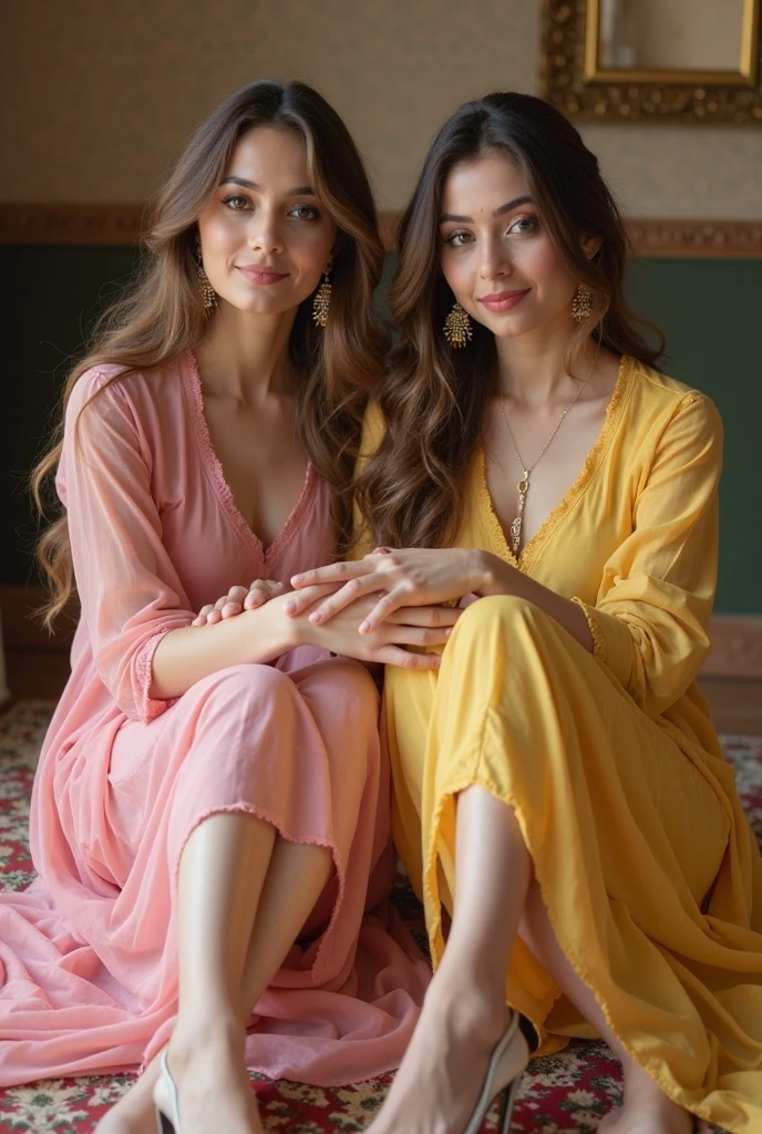 Estilo boho-chic. Una hermosa mujer ayuda a su hermosa hermana a maquillarse. They are in a room with a stunning vintage style vanity. Son mujeres que se visten de una manera moderna muy atractiva.. 2023.