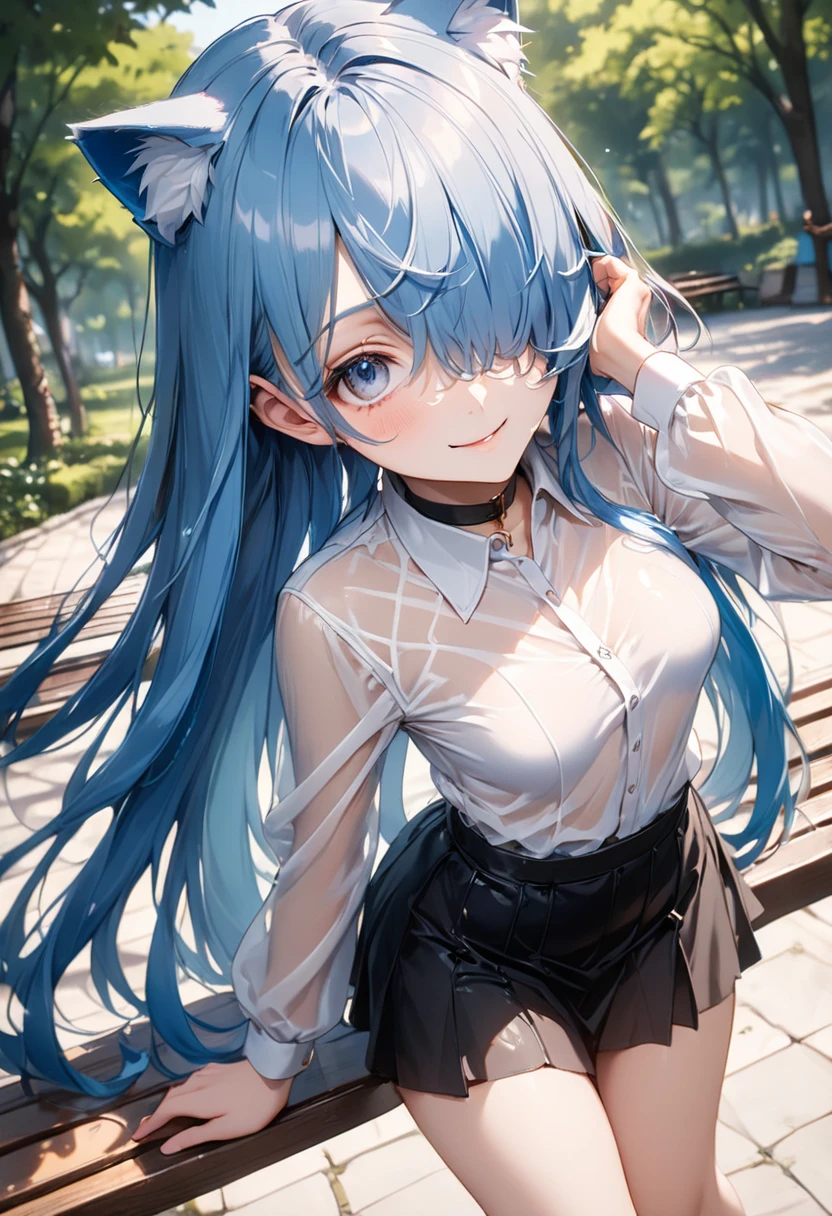 best quality,best resolution,(fluffy anthro furry :1.6),light blue fox girl,small breasts,light blue hair,long hair,wavy hair,light blue fur,flower hairpin,heart necklaces,dark blue camisole with flower embroidery,black skirt,black pantie,beautiful public park,looking at viewer,full face blush,shy face,smile,heart eyes,heart expression eyes,upper body only,open mouth,back view
