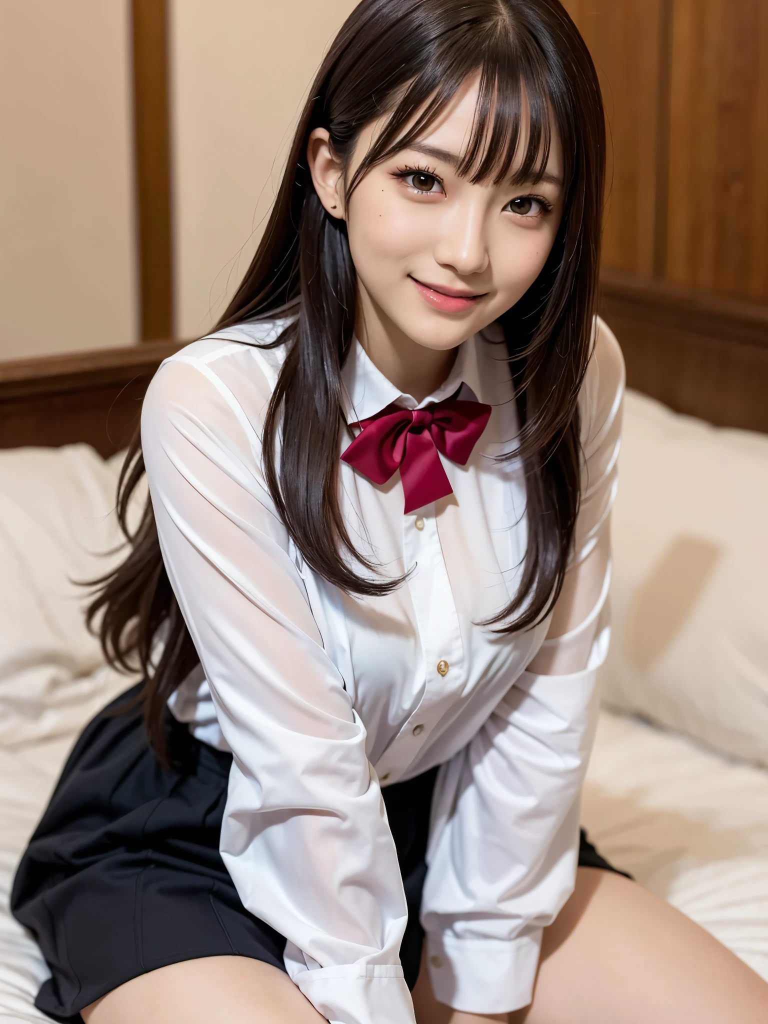 best image quality、realistically、Shining beautiful skin、1 female、Early 20s、bed、idol sculpture、school uniform、uniform skirt、black stockings、white panties、thin、smile at the camera、