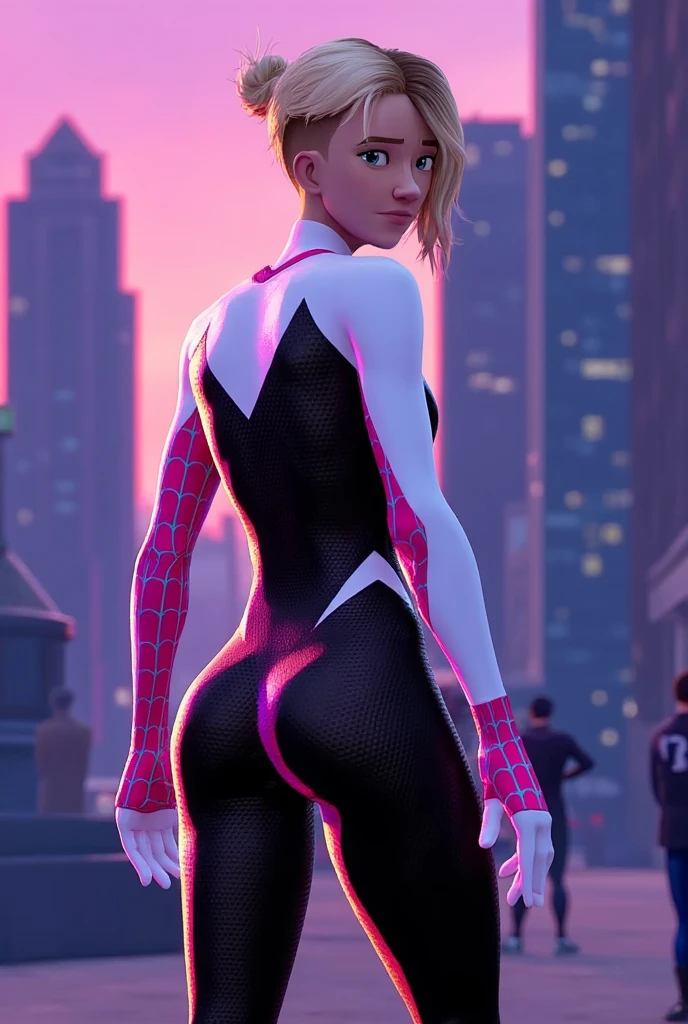 realistic,high contrast, (curvy female figure), 1girl, sgwen, outdoors, street, squatting, spidergwen costume, thight clothes, very curvy body, round peachy ass, thick hips, (erotic), planturous body, shirt, slutty outfit,