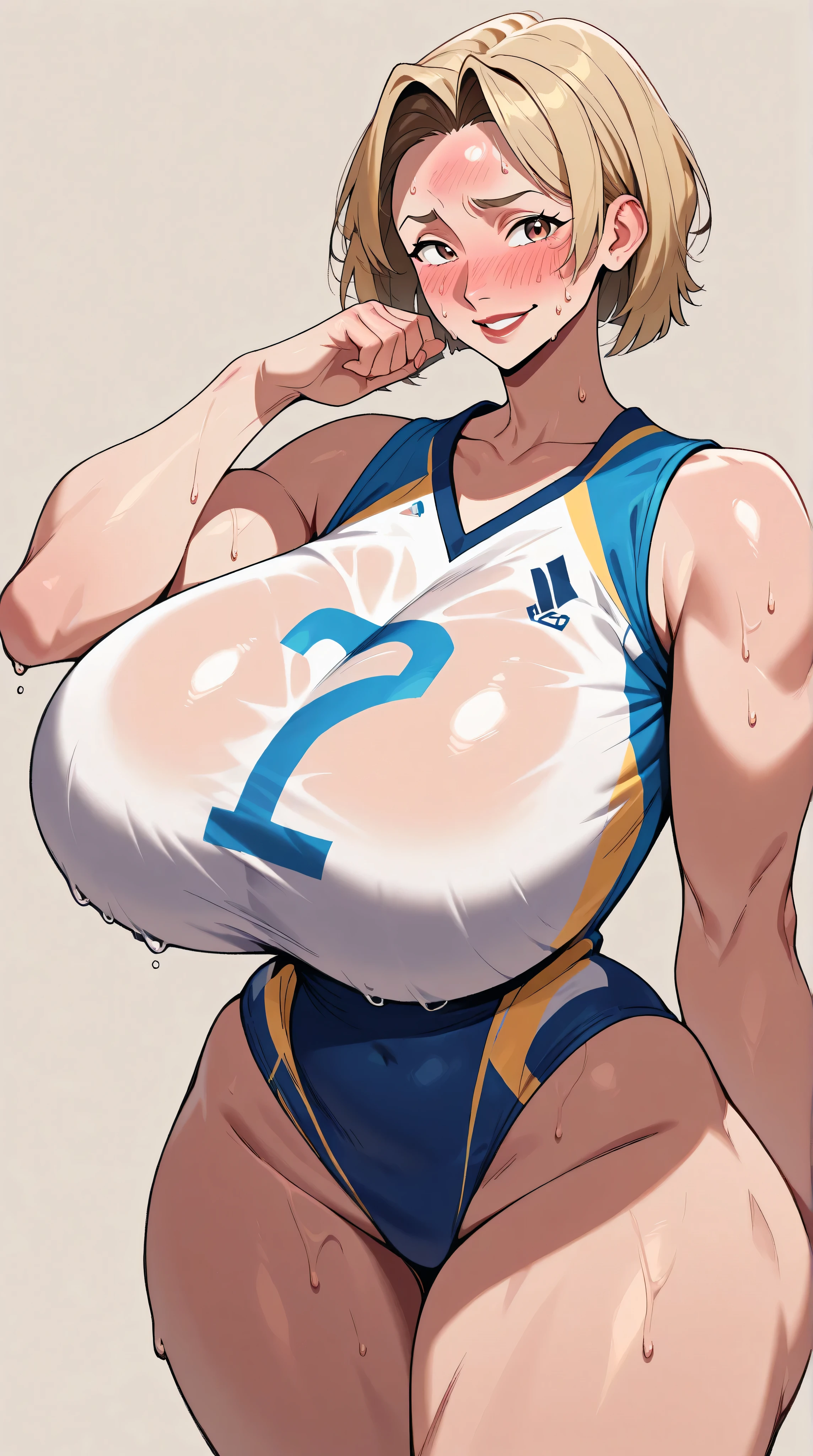 Girl alone、masterpiece、High resolution、Best Quality、((((Huge breasts))))、Narrow waist、1 female、Volleyball Uniforms、blonde、Short Hair、expensive、blushing, vapor、sweat、Attractive look、one length bob cut hair, ((forehead, hair intakes))、Tomboy、A regretful look、Mature Woman、milf, no background, blue bakcground, beige background, gray background, 