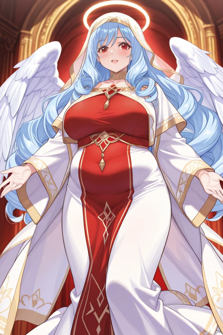 1 Woman, mature, High (1.85 cm), looks about 3, has long white hair, straight and shiny, tied in the Chinese Taoist style, majestic golden eyes, Extremely detailed eyes, perfect eyes, đôi mắt cực kỳ thực tế, balanced eyes, Long eyelashes, Anime style, perfect face, milf face, full red lips, mature, smooth white skin, natural body, sexy body, milf body, Perfect hands, detailed hands, arms in proportion to the body, đôi tay thực tế, arm with good anatomy, She was wearing only a red Chinese style dress decorated with gold and silver with phoenix motifs woven into the dress but still could not hide her extremely large and gigantic breasts., very big breasts, four hands can lift,breasts sag due to their size, thick thighs, wide hips, look at the viewer, The background is a Chinese-style pavilion., pose alone, look at the viewer.