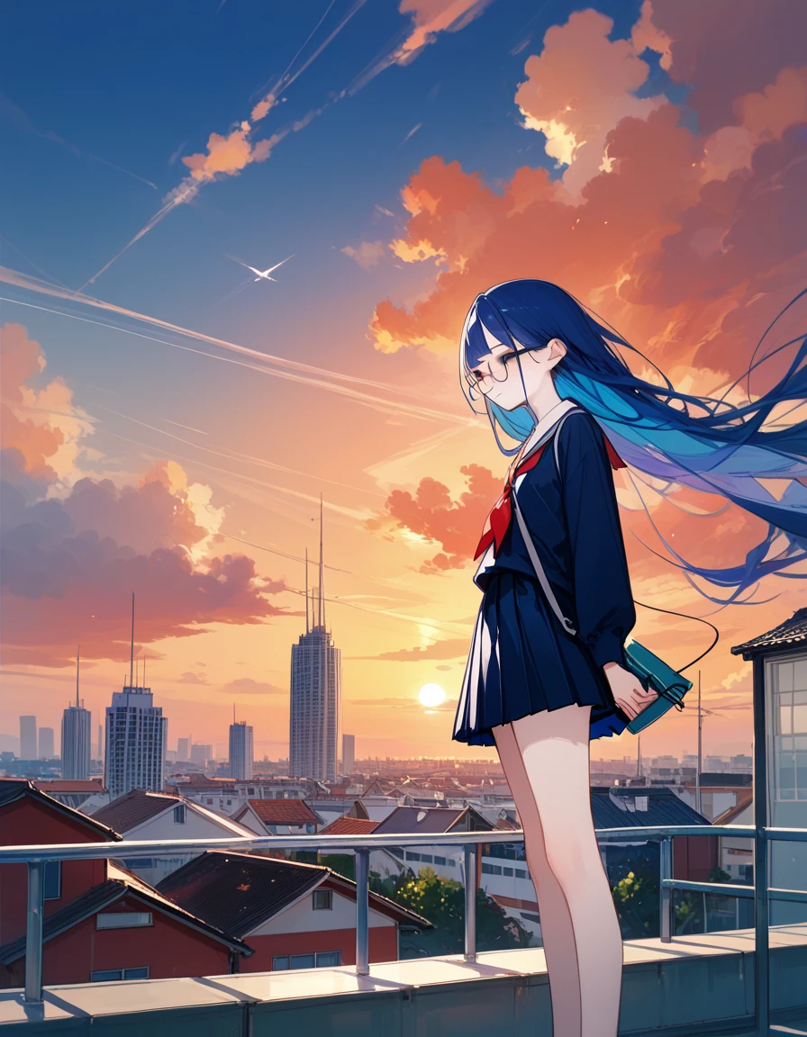masterpiece,best quality,official art,illustration,ligne claire,(dreamy),(colorful:1.3),perfect composition,absurdres,intricate details,fantasy,focused,(in the high air),Unable to see the ground,(above the cloud:1.4),(finely detailed modern lost_city:1.3),(lost_city towering above the clouds:1.2),epic,(focus_girl:1.4),(girl in city peak of Broken bridge),rule of thirds,anime_face,fine-tuning face,small breasts,finely detailed light_skyblue_eyes,white_jacket and white_shirt,black_beltskirt,(light_blue_hair),very_long_hair,side braid,loose_hair,semi-rimless eyewear,overhead_viewer,wind blow at viewer,side_face, (starry_sky:1.2),smile,sitting,(space),(universe:1.3),(depth_of_field)