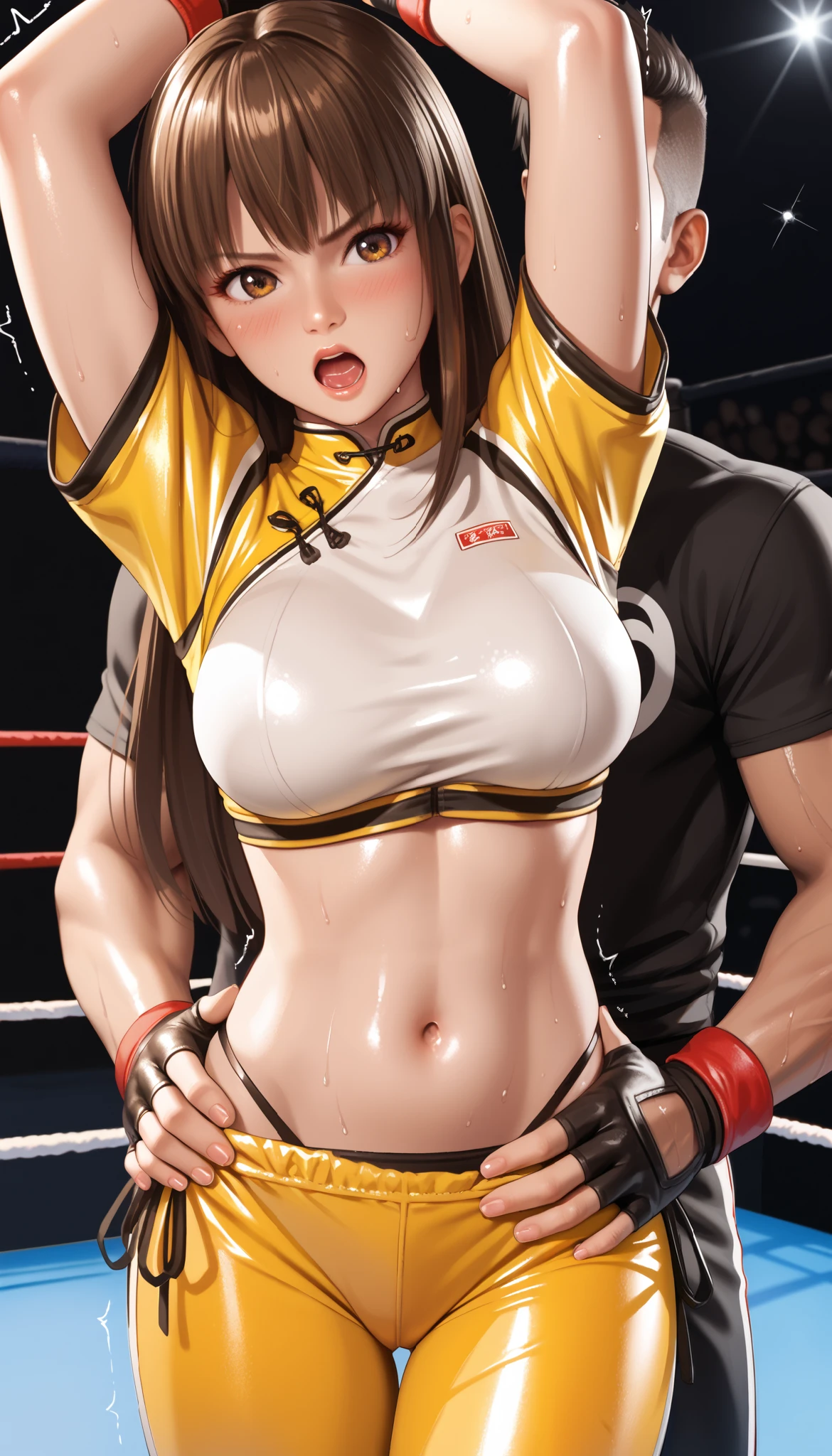 LeiFangDOA, brown hair, (long brown straight hair:1.5), shiny crop top, shiny yellow leggings, short sleeves, fingerless gloves, breasts, armpits, gasp, be breathless, sweat, sparkling sweat, trembling, brown eyes, breasts, looking at viewer, [[angry]], blush, {anguish}, {{shameful}}, wrestling ring, man grabbing her waist from behind, nsfw, exposed black side-tie panties:1.4, black side-tie panties:1.3, pull down pants:1.5,