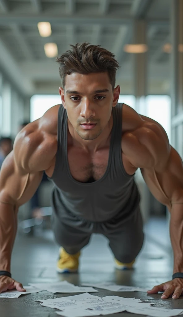 A young man, strong and muscular, is seen in the portrait-style image doing press-ups with determined focus. His toned chest and broad shoulders are highlighted as he holds his body in a tight plank position, balanced on his hands and toes. The detailed facial features of the young man are visible, with intent gazes and sweat beading on his forehead. His skin is finely textured, adding to the realistic and high-definition appeal of the image. The environment is simple, with only the faint outline of a gym background visible in the peripheral. This high-resolution, cinematic image of 8K quality was captured using a Canon EOS R5 with a 50mm lens,