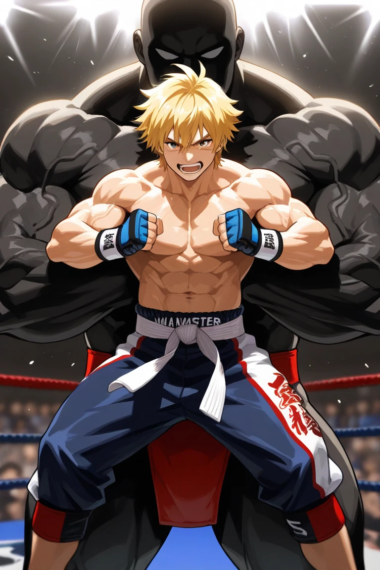 1guy, heavy weight muscular, black wrestling-brief, solo, topless, blonde, hollywood action, fighting posing, masculine handsome guy, tsurime, sanpaku, blue eyes, spiked hair, nipples, abs, male high ratio body proportions, dramatic expression, dutch angle, on wrestling ring, thick waist, 1990s, [[[[[cinematic shadows, cinematic lighting, lens flare, light leaks]]]]], VHS Quality