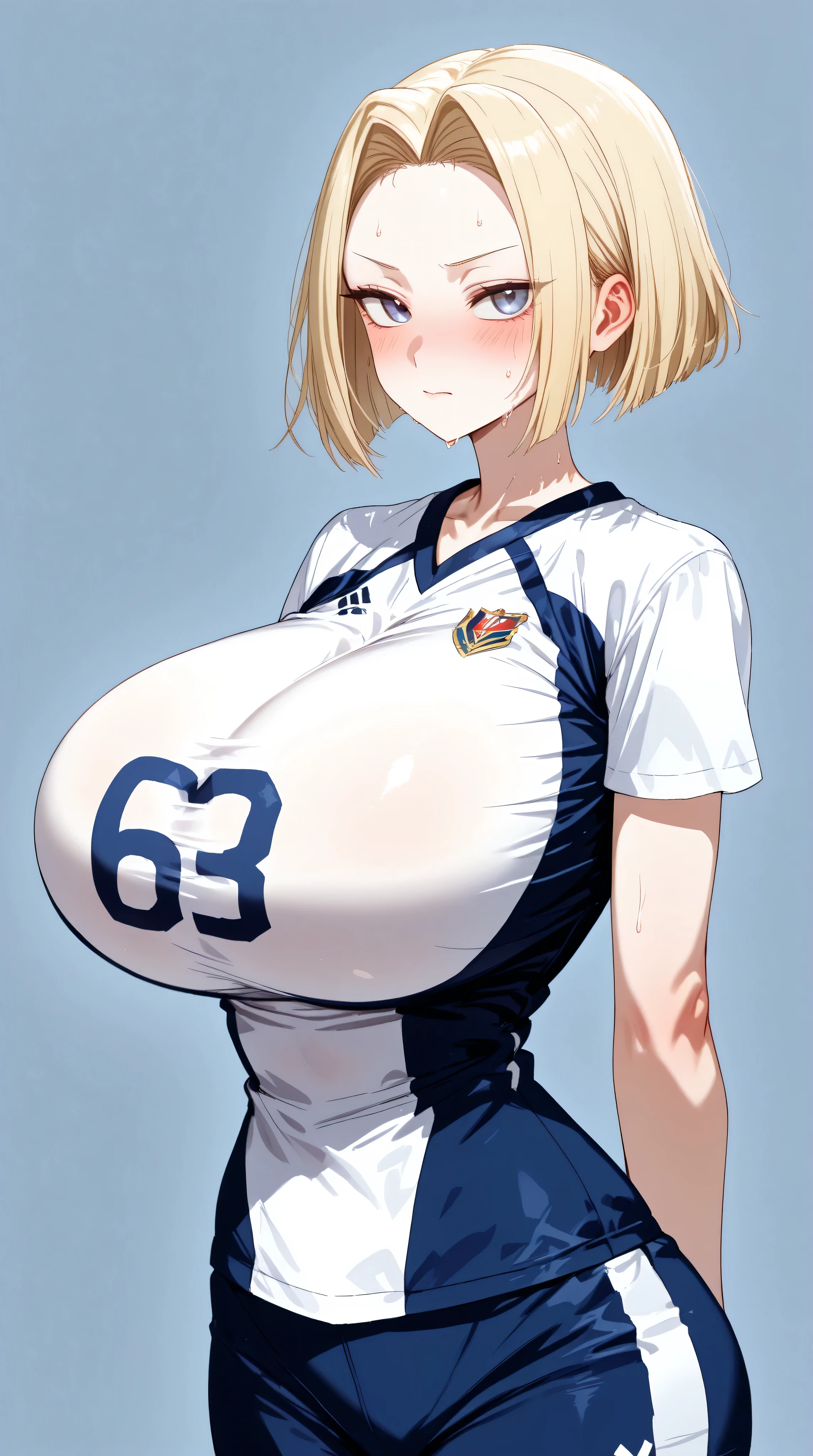 Girl alone、masterpiece、High resolution、Best Quality、((((Huge breasts))))、Narrow waist、1 young korean girl、Volleyball Uniforms、blonde、Short Hair、expensive、Red cheeks、vapor、sweat、Attractive look、one length bob cut hair, ((forehead, hair intakes))、Tomboy、A regretful look、high school girl, no background, blue background, beige background, gray background, arms behind back,