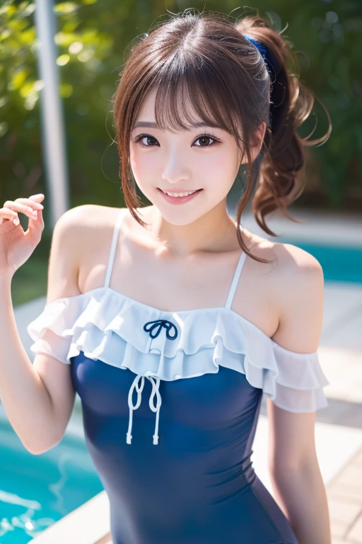 Please create a cute anime character in a swimsuit。She has a cheerful and energetic personality、She is a girl with an attractive smile。Swimsuit design、Choose something cute with ruffles or ribbons。The color of the swimsuit is bright and refreshing、Try to harmonize with her upbeat vibe。She's at the seaside, poolside, etc.、Please express it with a summery background。