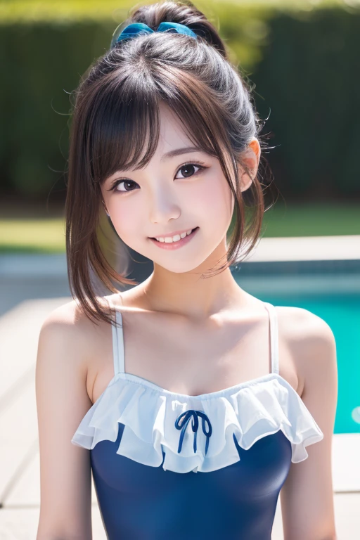 masterpiece, best quality, ultra-detailed, extremely detailed, 4K, 8K, best quality, beautiful, dynamic angle, upper body, raise a hand, full body focus, pool, daytime, summer, a cute girl, 1girl, solo, micro-bikini, beautiful black hair, beautiful black eyes, beautiful eyes, white-skinned, long hair, ponytail, large breast, slim, slender, bowtie, light smile, ashamed, soap bubble effect, shiny-glistening, gleaming, wetted by water