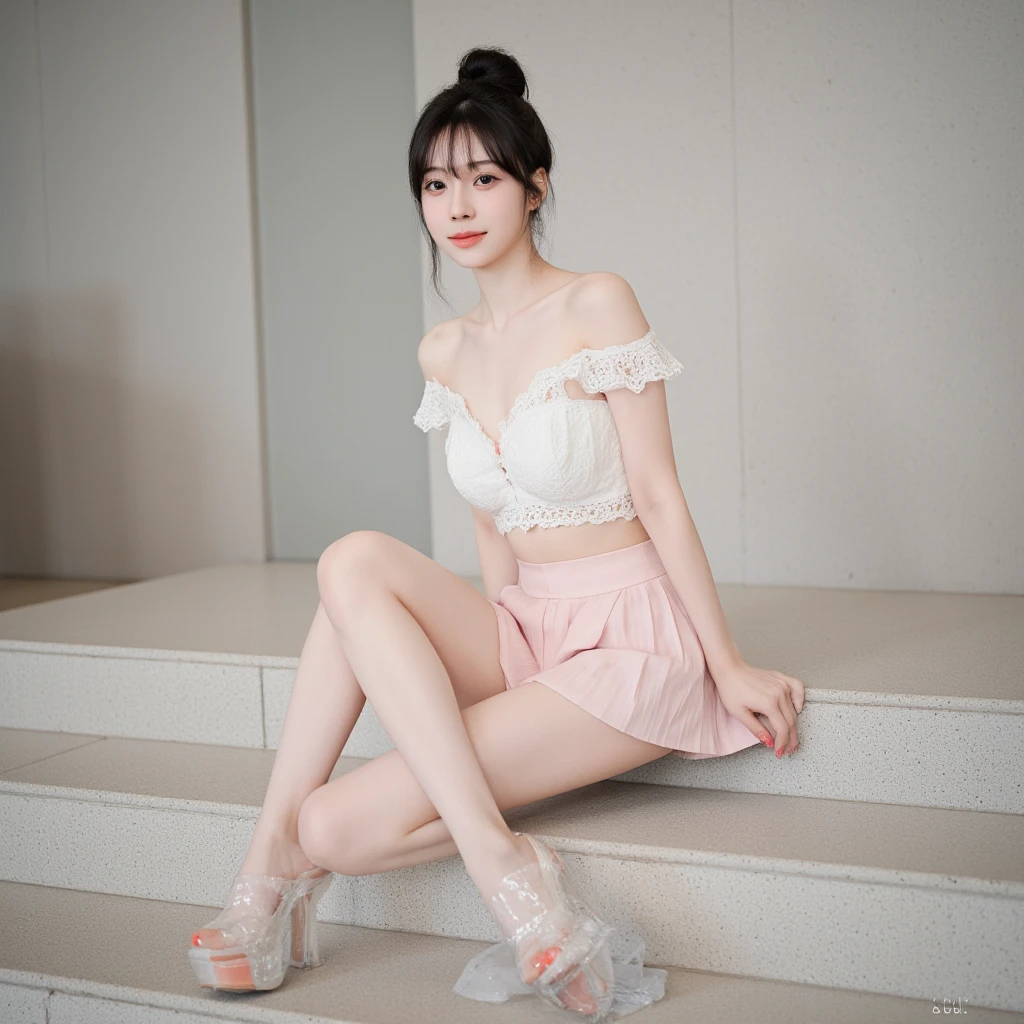 (masterpiece, best quality), pale skin, (), Island beach background, (Purely off-the-shoulder, Short transparent top, high waist skirt, tight mini skirt:1.3), (Skinny Thighs:1.9, Yao Liu, weight loss, long legs, thin legs:1.9), blonde hair, (huge , lift your hips, straight legs), Show belly button, (Wide thigh clearance:1.6, wide gap between thighs:1.6), whole body forward, Nipple protrusion, pink breast bulge, Camel toe bump, (Facing Teenage Barbara Palvin)
